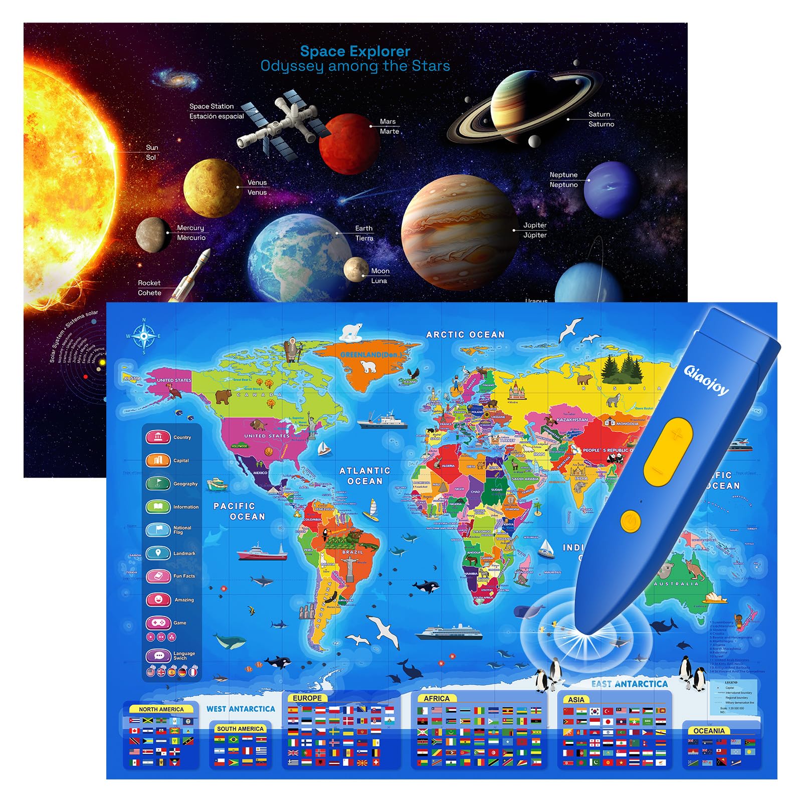 Photo 1 of **PARTIAL SET/ MISSING ASSEMBLY PIECES*** Qiaojoy Bilingual Interactive World Map for Kids Learning and Educational Toys, Talking Electronic Kids World Map i-Poster Geography Games Ages 3 to 12 Years Old, Custom Talking Birthday Gifts Card