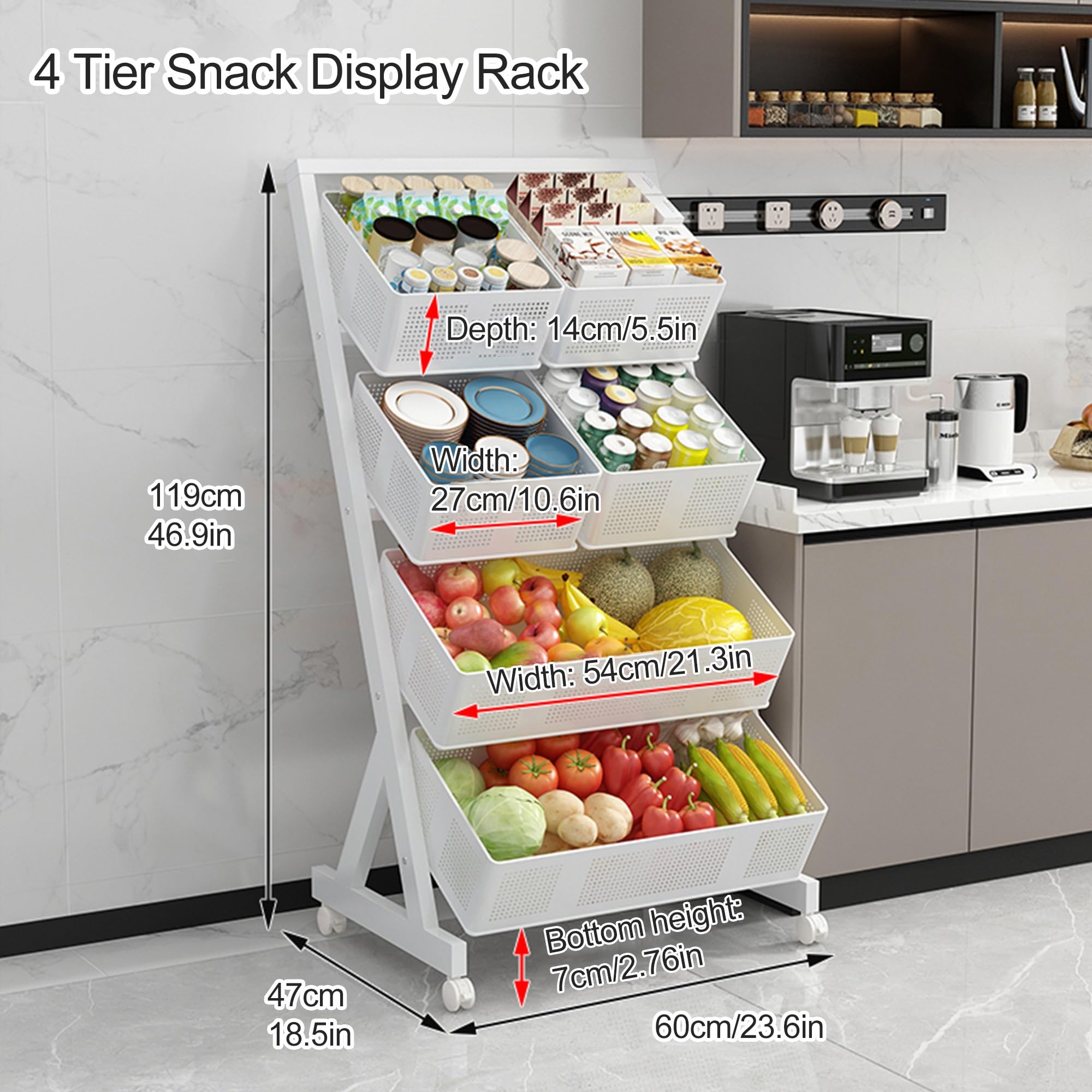 Estante Expositor de Dulces y Snacks de 3/4 Niveles, de pie, para Cocina, Organizador Angular para Patatas Fritas, Frutas, supermercado y despensa (Negro, 4 Niveles - 119 cm)