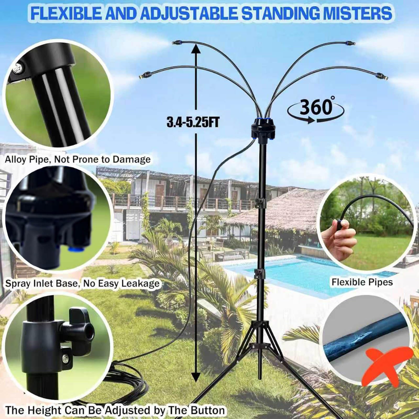 Brumisateurs Debout Pour Terrasse Extérieure,hauteur réglable,brumisateur exterieur sur pied pour refroidissement extérieur,brumisateur d'eau portable avec une ligne de brumisation ，1 Kit