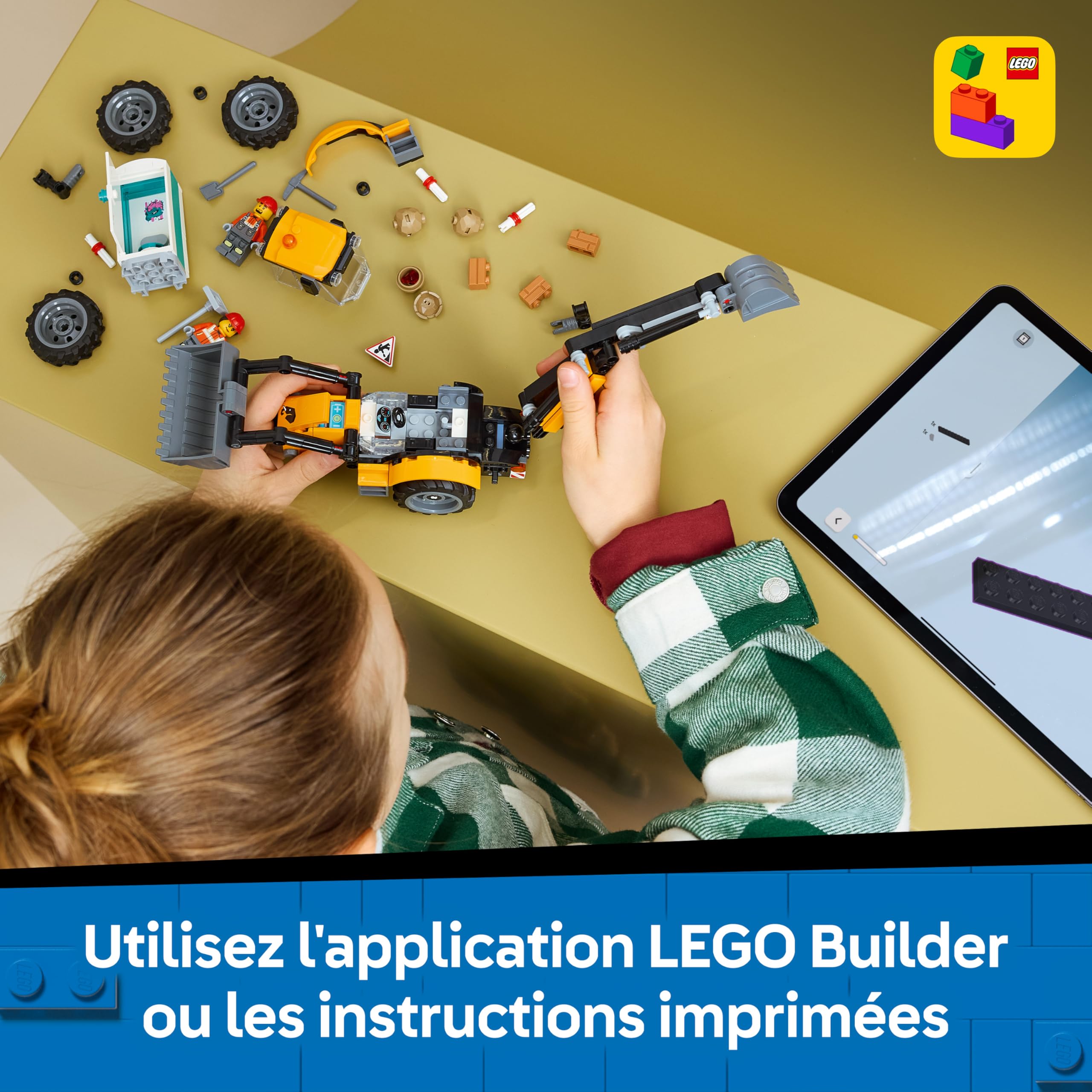 LEGO City Le Tractopelle Jaune - Camion Jouet - Véhicule de Construction - Tracteur avec 2 Minifigurines, Godet Fonctionnel Avant & Pelle Arrière - Idée Cadeau d'anniversaire pour Garçon 7 Ans 60480