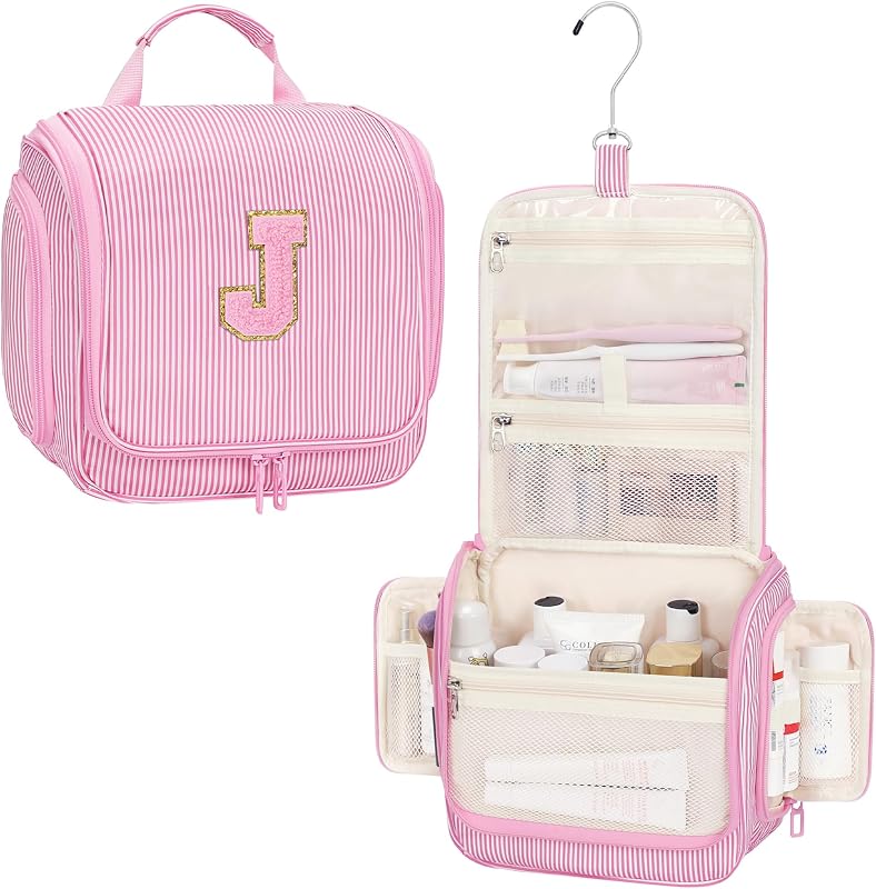 Relavel Necessaire Suspensa de Nylon com Compartimentos, Gancho Giratório e Patch de Inicial, Rosa com Listras, Modelo J