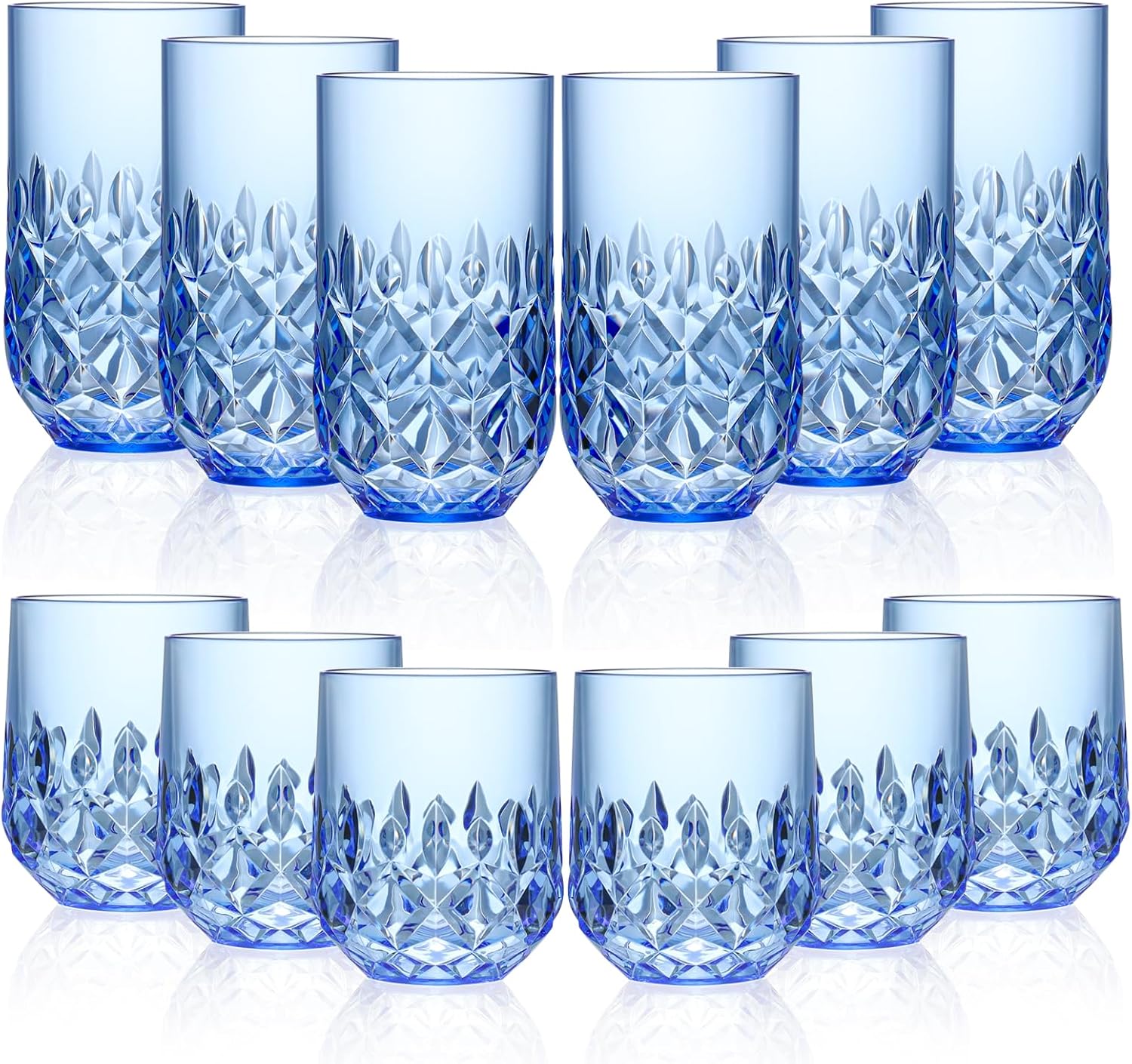 Acrylic Drinking Glasses Set of 12 Blue Mixed Drinks Glassware Unbreakable Palstic Tumbler and Rocks Glass Set 6pcs 18oz Highball and 6pcs 12 oz Cocktail Glasses for Cocktail Iced Coffee Beer Whiske