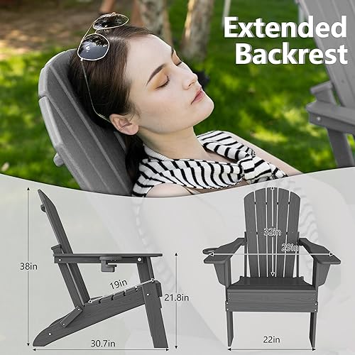 Miniatura 3 de Plawdlik Adirondack Juego de 2 sillas plegables, probadas por SGS, textura de madera con portavasos, polietileno de alta densidad resistente a todo