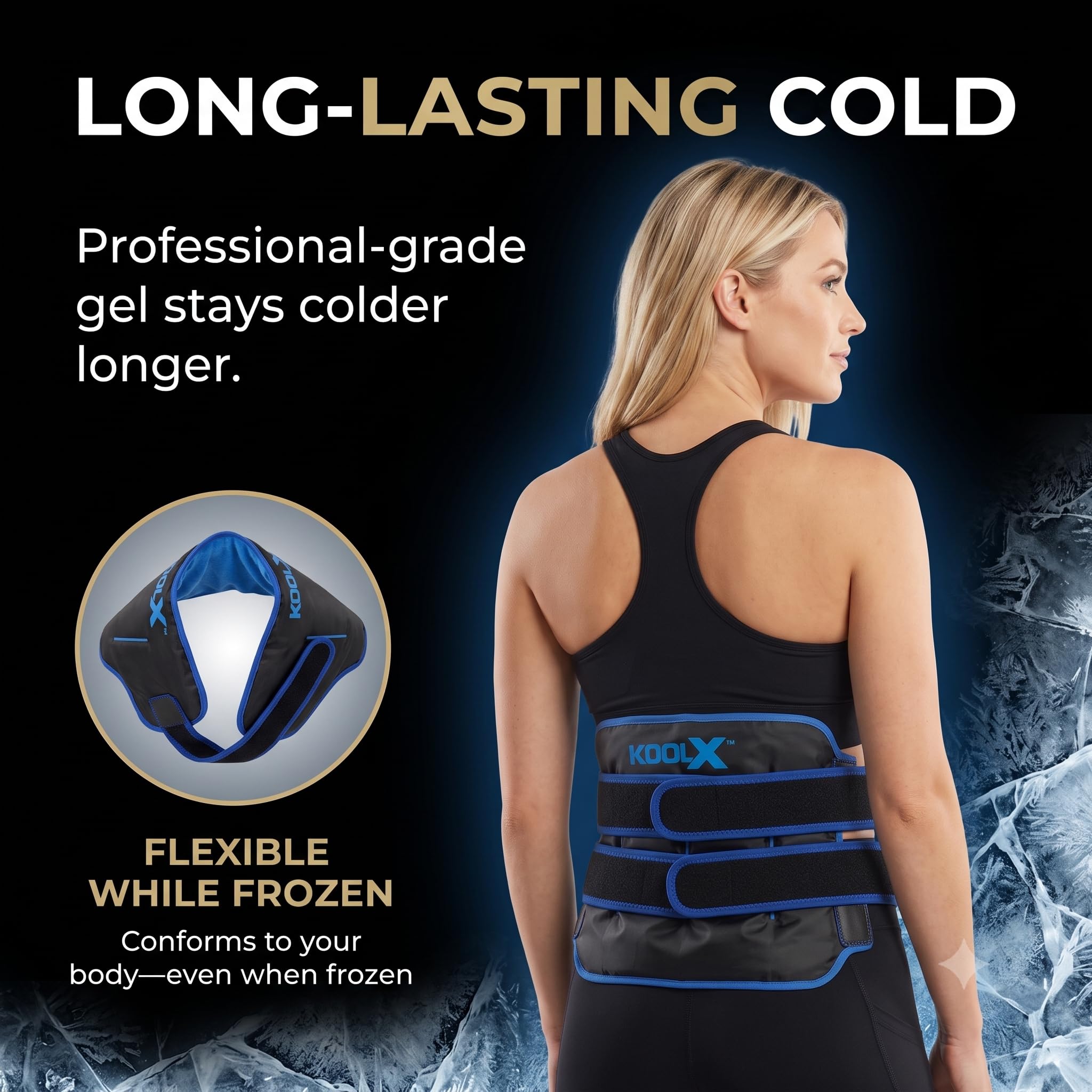 Premium-Gel-Eisbeutel für Verletzungen, wiederverwendbar, flexible Kältewickel mit Riemen, weiche Plüsch- und Nylon-Seiten, Verlängerungsgurt, Eisbeutel für Knie, Rücken, Schulter, Ellenbogen