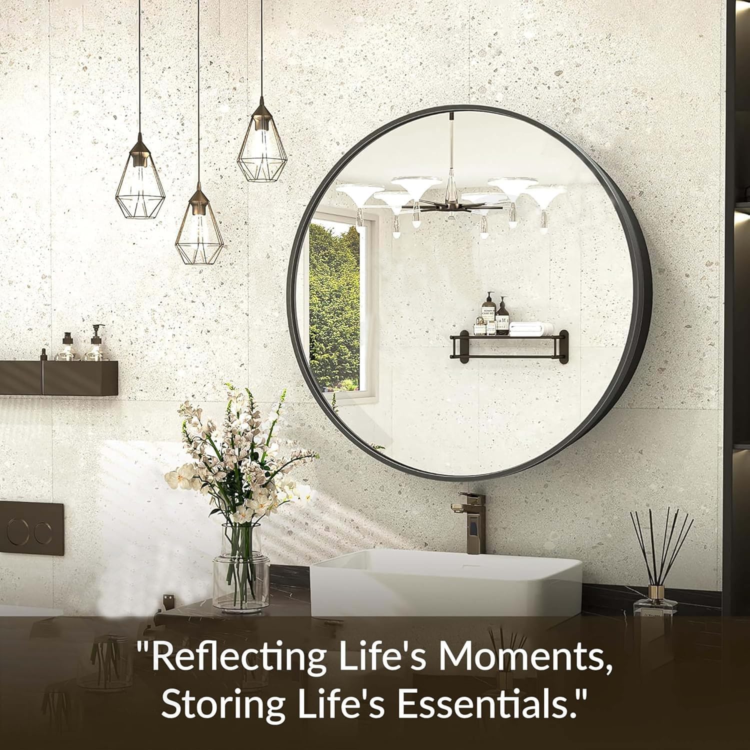 iSTAR Round Bathroom Mirror Cabinet with Storage, HD Silver-Coated Wall Mounted Mirror with Shelves for Bathroom & Washroom (Black) 3