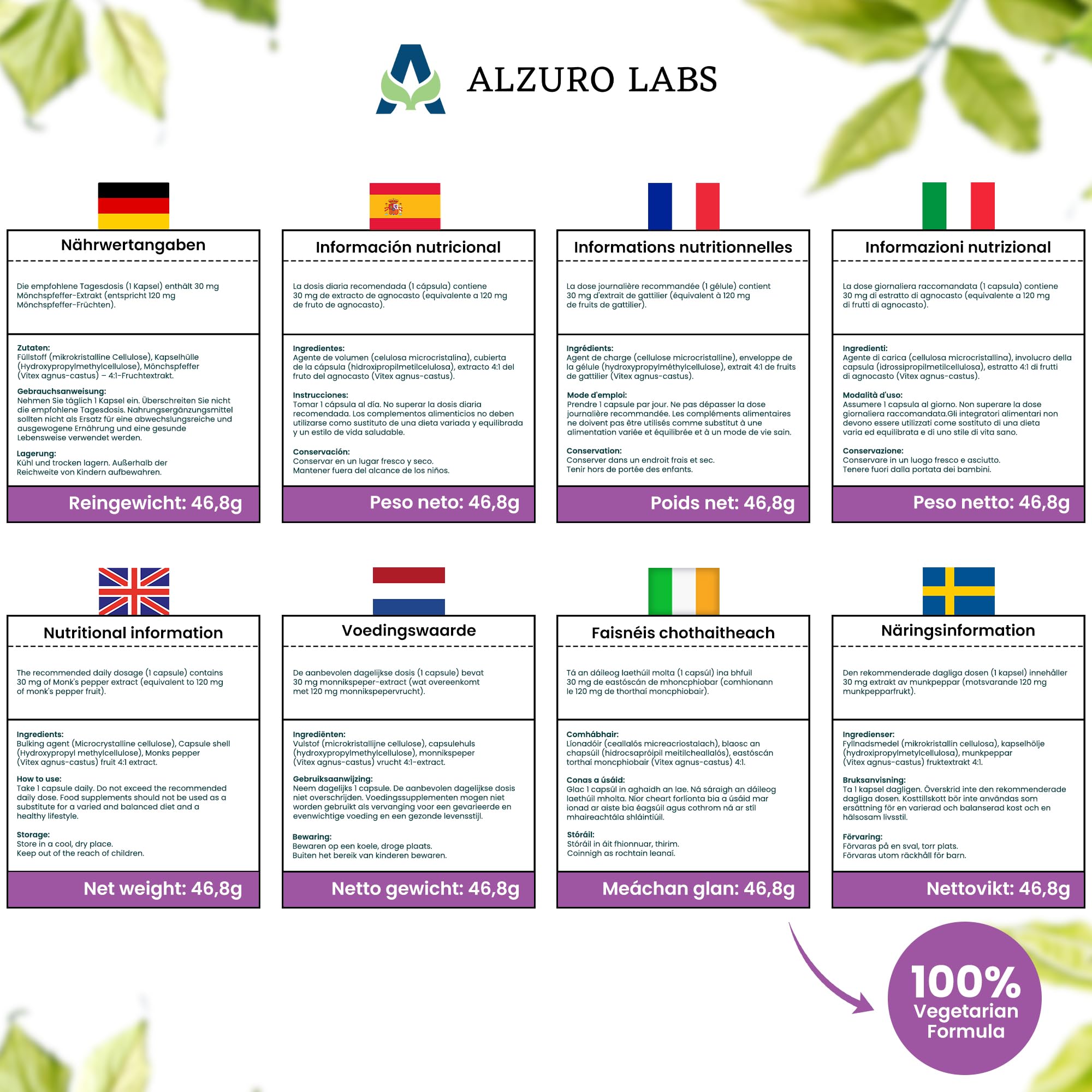 Poivre moine | 120 mg équivalent (30 mg d'extrait 4:1) | 180 capsules végétaliennes | 6 mois de stock | GMP & Testé en Laboratoire Indépendant