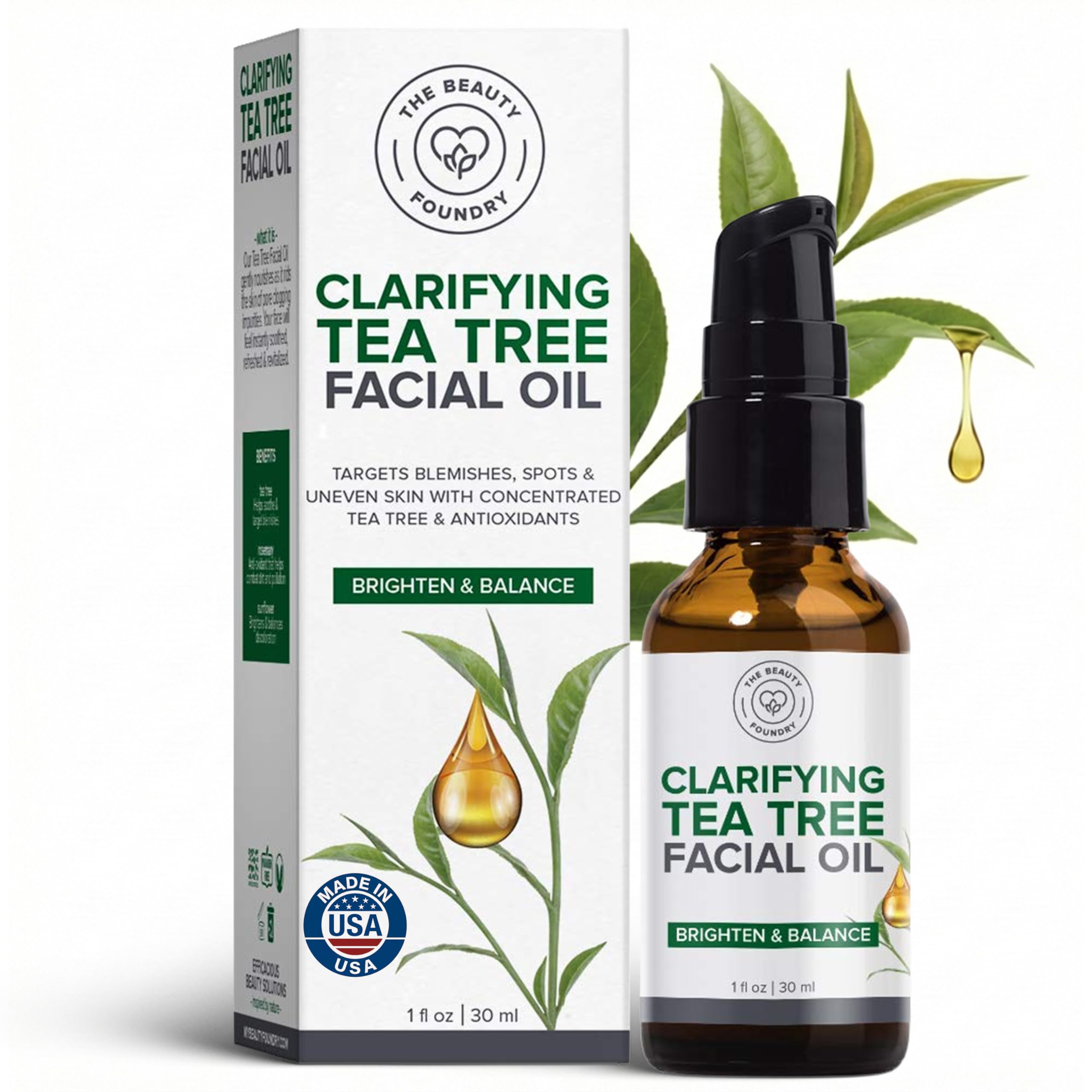 Beauty Foundry Clarifying Tea Tree Facial Oil, Targets Acne and Uneven Skin Tone, Antioxidant-Rich Beauty Oil, 1-fl oz/30ml (1 Pack)