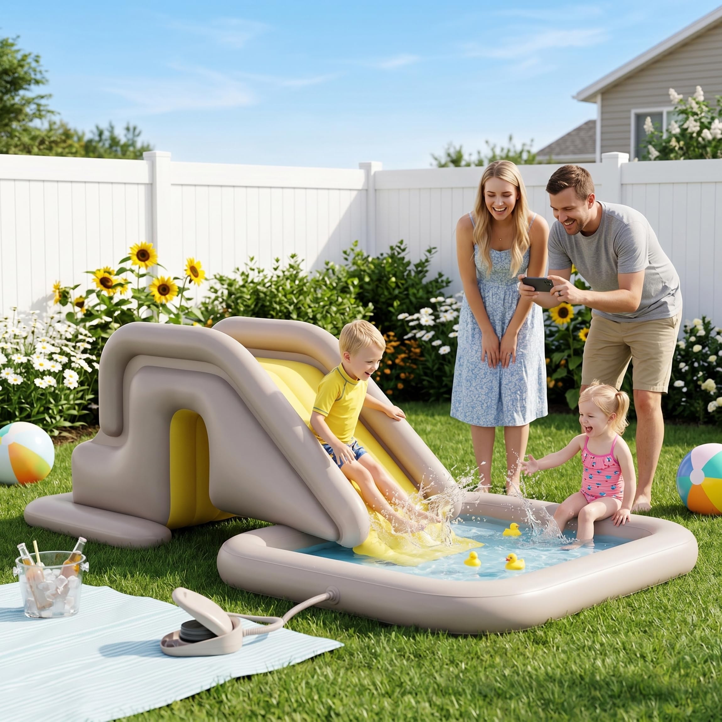 Toboggan de Piscine Gonflable, Toboggan de Piscine avec Large Base remplissable d'eau – Installation et Rangement faciles en PVC intérieur/extérieur pour Enfants et Adultes (Kaki, avec Pompe à Pied