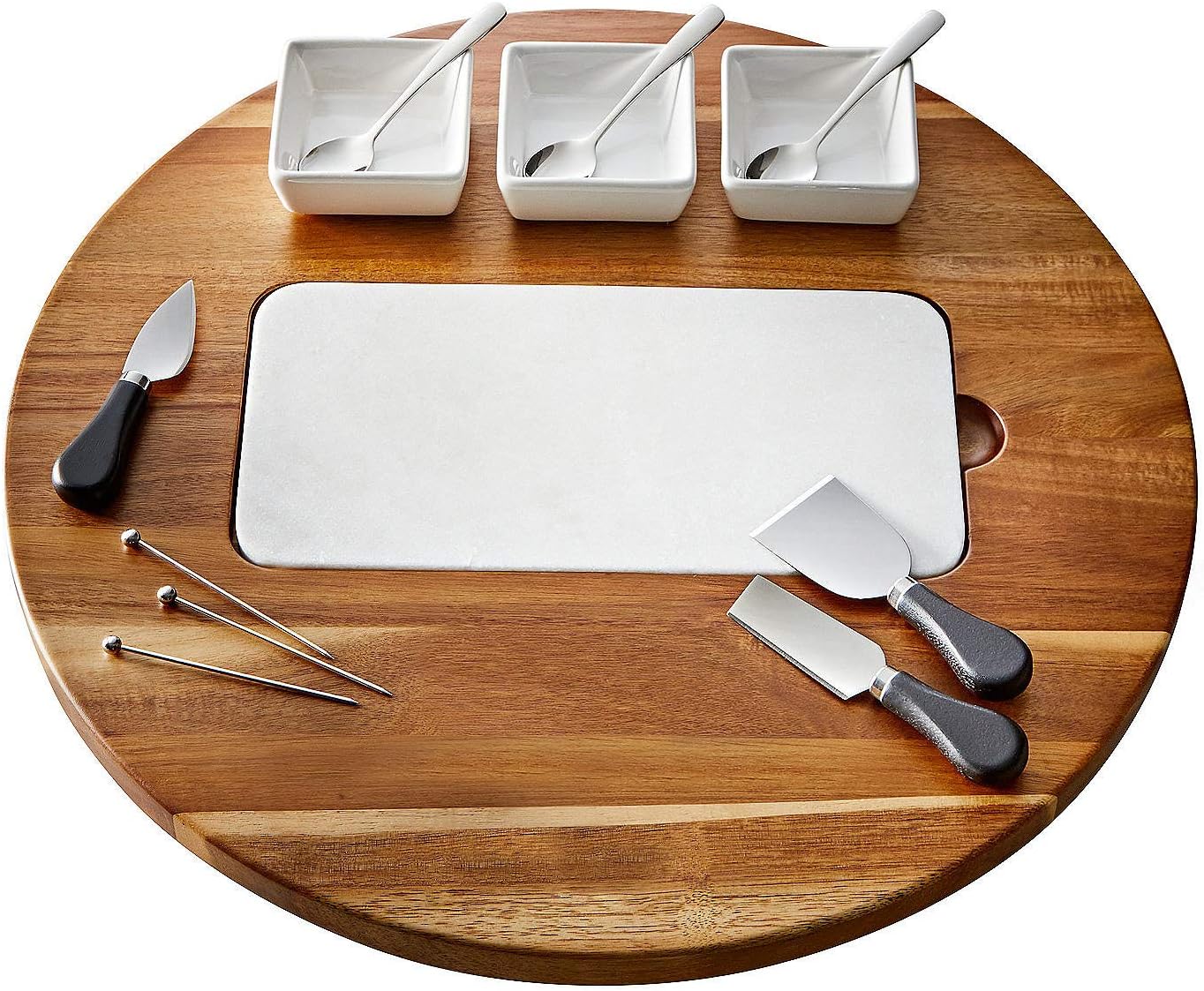 Wine Enthusiast All-In-One Lazy Susan Cheese Board (14 Piece Set) - Removable Cooling Marble Insert & Solid Acacia Wood, Kitchen & Dining Room Turntable with Cheese Knives & More