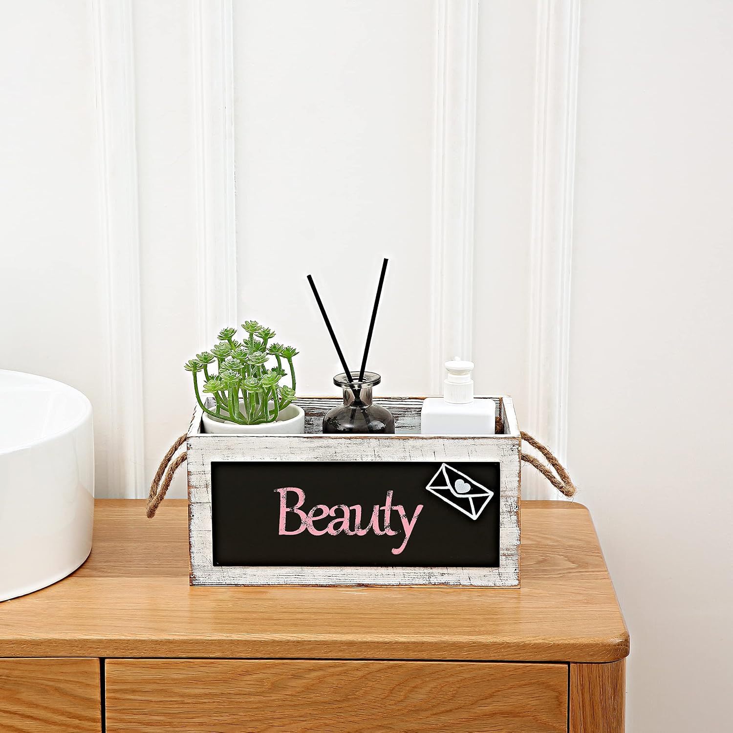Wood Mail Holder Box,Decorative Mail Organizer Box Countertop,Letter Holder Box for Desk with Chalkboard & Rope Handles,Rustic Desk Mail Organizer Home Office(White) image 4