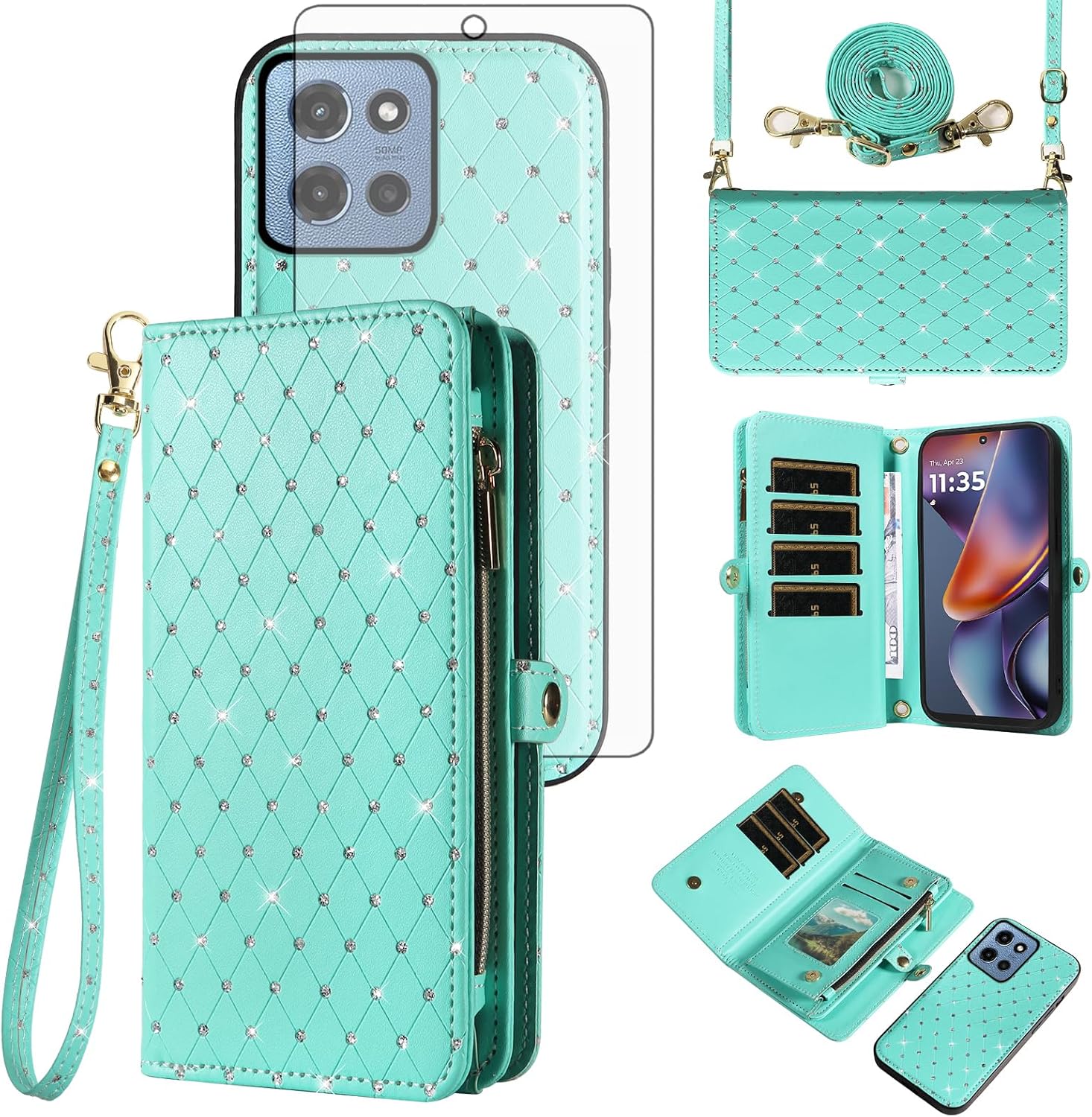 Asuwish Phone Case for Motorola Moto G 5G 2025 Zipper Wallet Detachable Cell Cover with Screen Protector Crossbody Lanyard Strap Bling Glitter Flip Card Holder Slot G5G 5 G G5 Women Girls Green