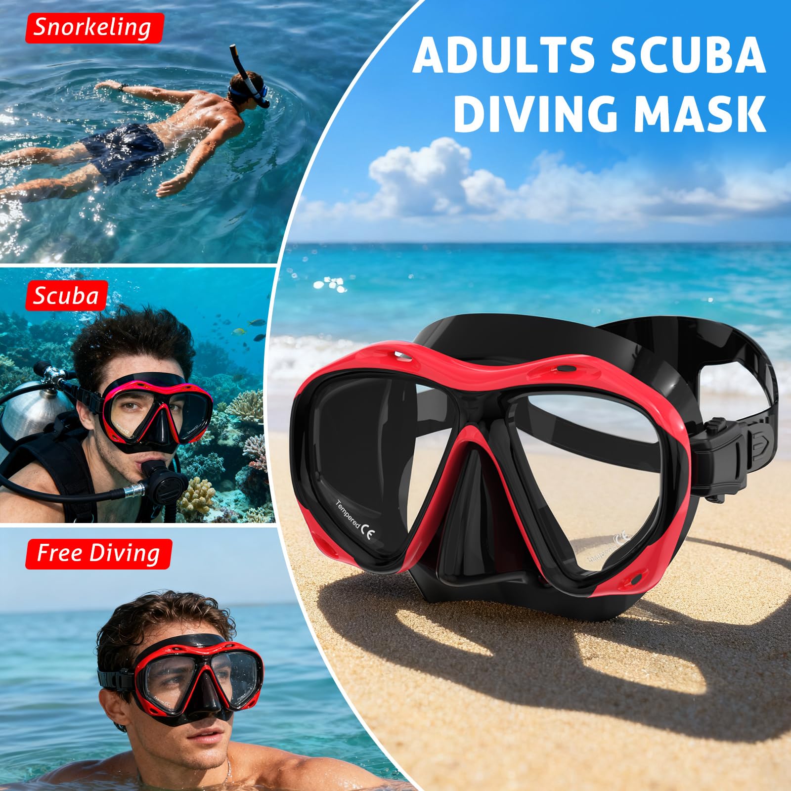 Tauchmaske Erwachsene, Tauchmaske, Schnorchel, Schwimmbrille mit Nasenabdeckung für Jugendliche, Freitauchmaske, Panorama-HD-gehärtetes Glas, Schnorchelausrüstung, Anti-Beschlag-Anti-Leckage