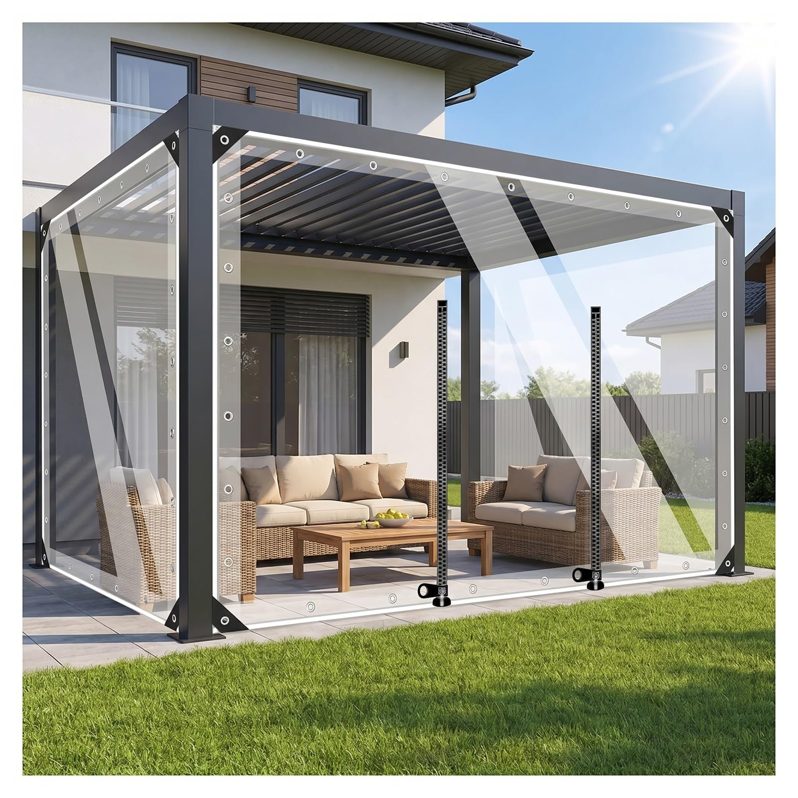 Weatherproof pvc tarpaulin with zipper，clear tarps heavy duty waterproof，clear tarp with grommets，clear vinyl tarp，waterproof curtains for outside patio(H2.6xW3.5m/H8.5xW11.4ft)