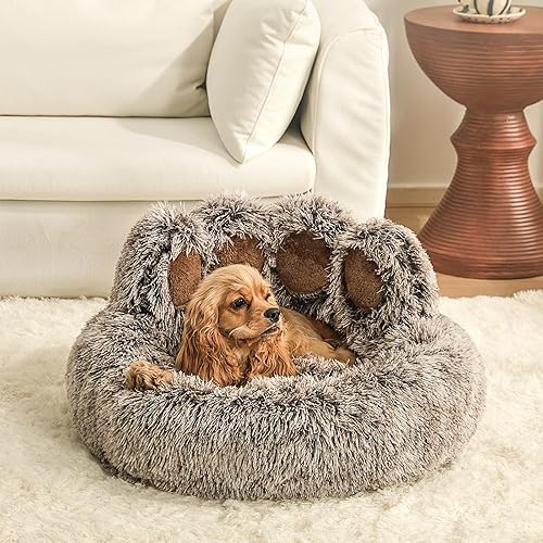 Miniatura 7 de Jiupety Cama calmante para mascotas en forma de pata, cama de felpa en forma de dona de piel sintética para perros y gatos, lavable a máquina, parte