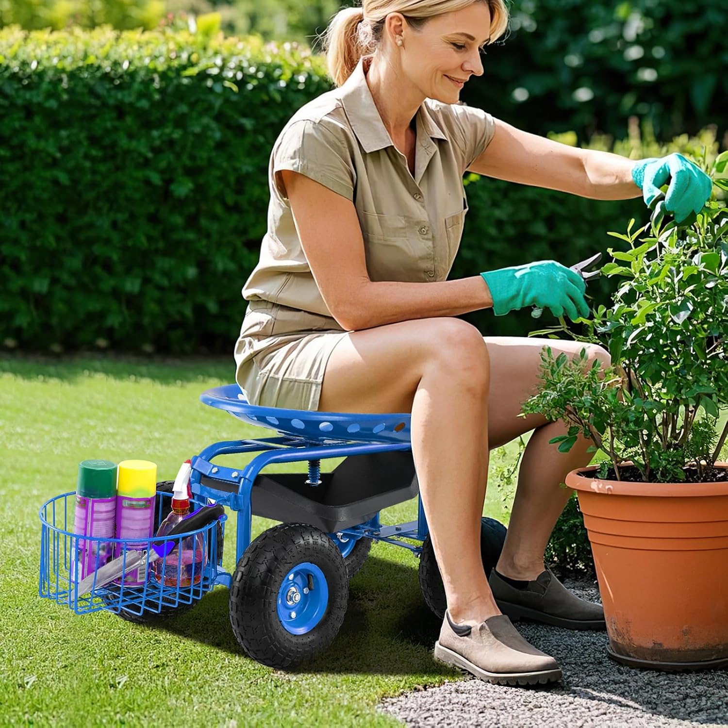 Giantex Rolling Garden Workseat with Wheels, 360 Degree Swivel Gardening Stool Cart with Storage Basket, Adjustable Height, Steering Handle, Steel Frame, Outdoor Work Seat for Planting Triming (Blue)
