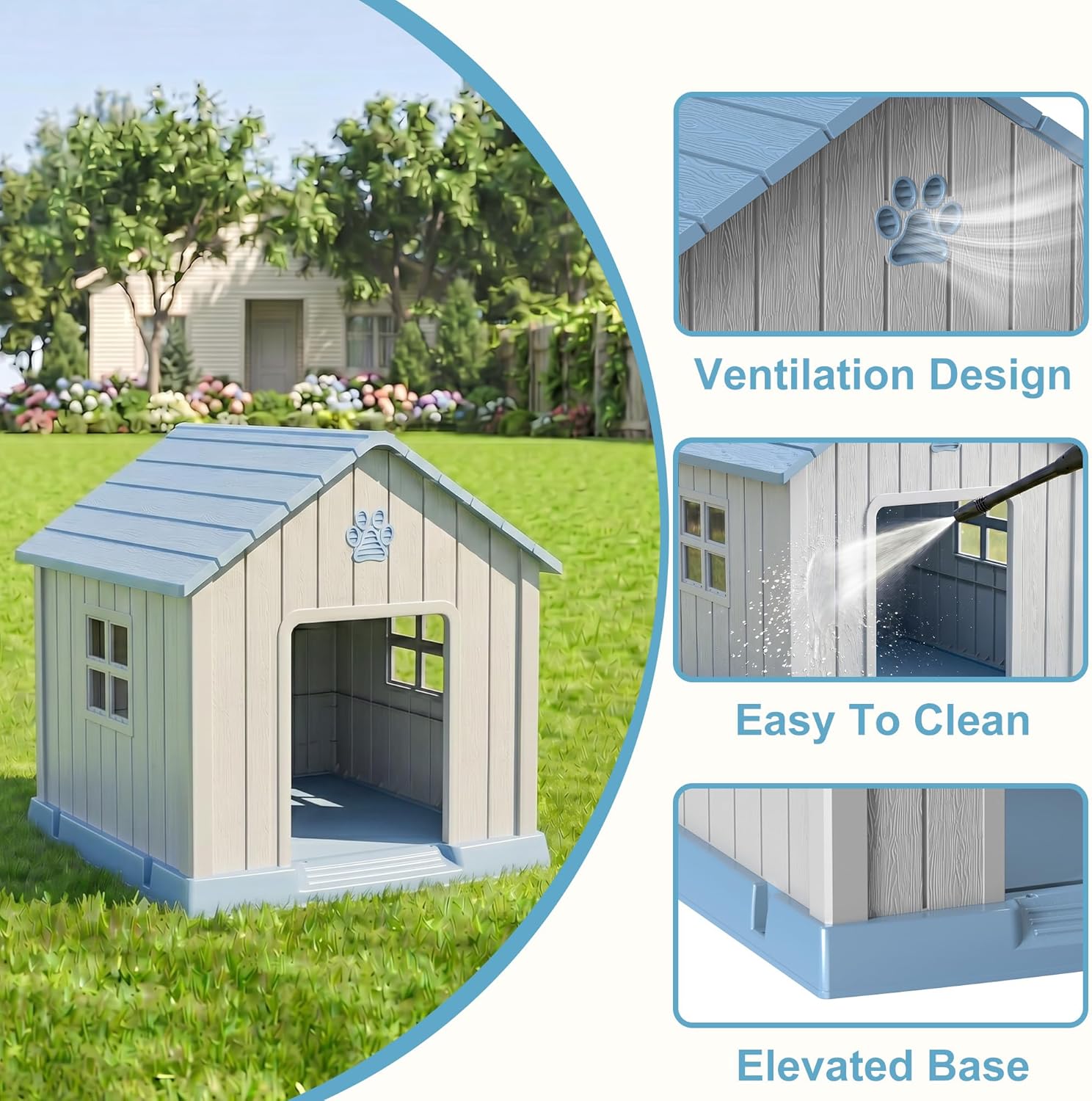 Dog House, Large Dog House Outdoor & Indoor, with Air Vents, Waterproof, Elevated Floor, 37.8" L ×40.87" W × 38.82" H Size, Cozy Kennel for Medium/Large Dogs, Easy to Assemble, Light Blue