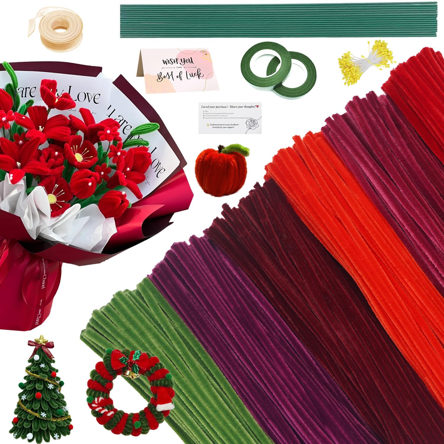 AHAMETON 620 Pieces Red Pipe Cleaners Craft Set, 600 Pcs Plum Chenille Stems with 20 Pcs Flower Stems, Craft Supplies Bulk for DIY Art and Craft Projects Creative Gift (Red Series)