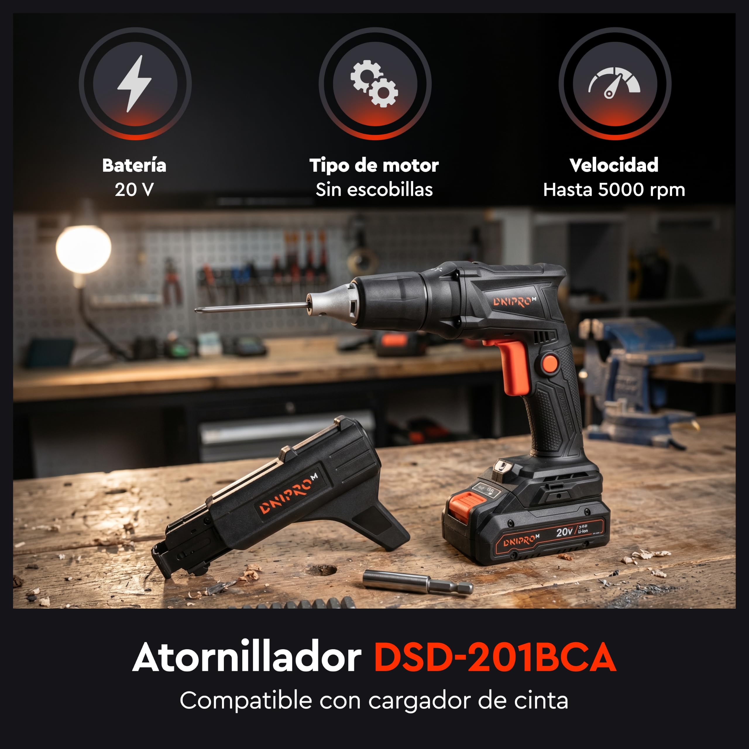 Atornillador Pladur Inalámbrico DSD-201BCA - Atornillador Eléctrico a Batería 20V, Motor Brushless, 0-4400 RPM, HEX 1/4", Alimentador Automático, LED, 8/11 N·m - Bateria 2Ah y Cargador - Por Dnipro-M