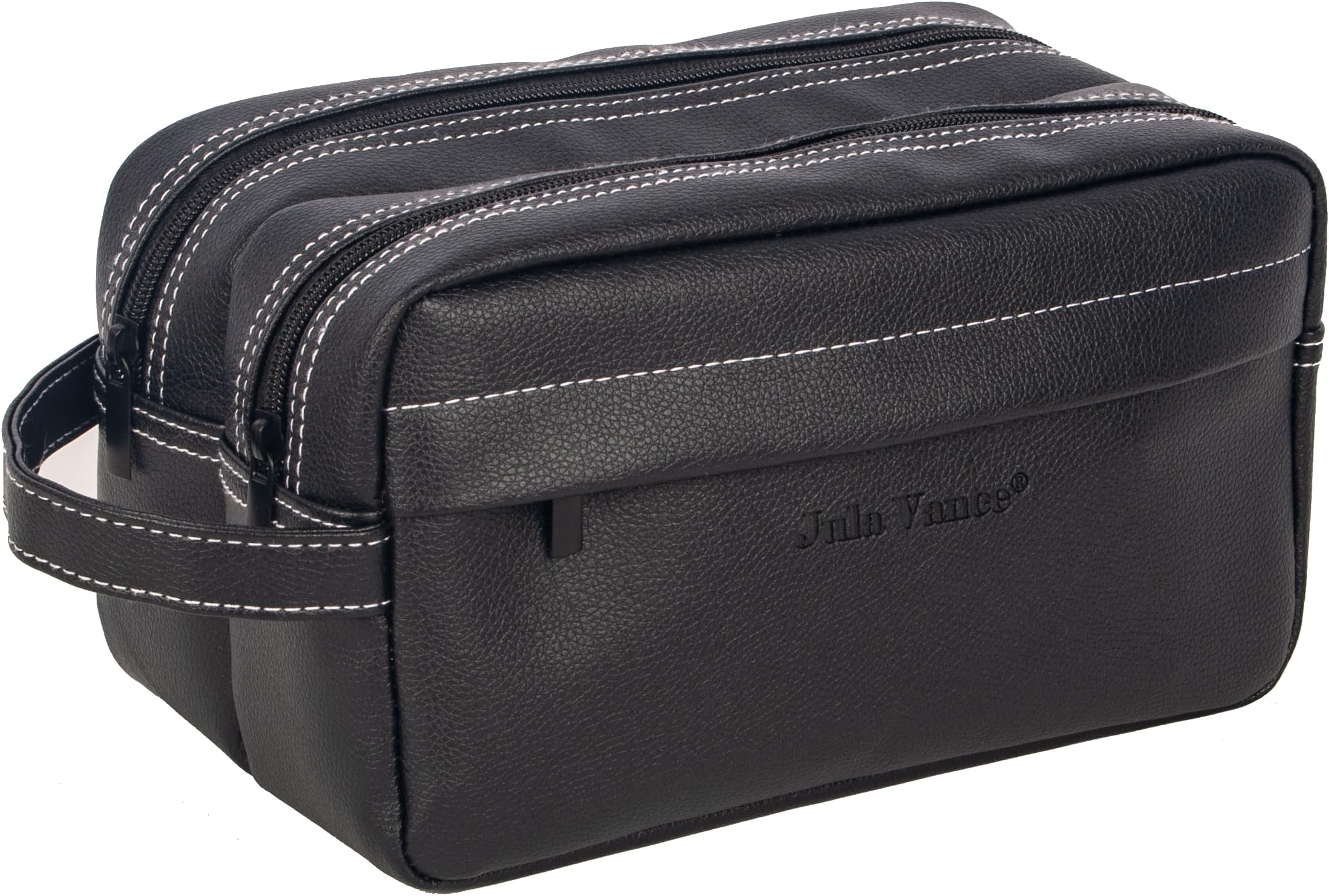 Jula Vance Gift for Men Toiletry Bag PU Leather Travel Bathroom Grooming Shaving Dopp Kit Wash Bag For Man Barber Hygiene Kits Organizer Cosmetic Pouch With Zipper Two Separate Compartments (Black)