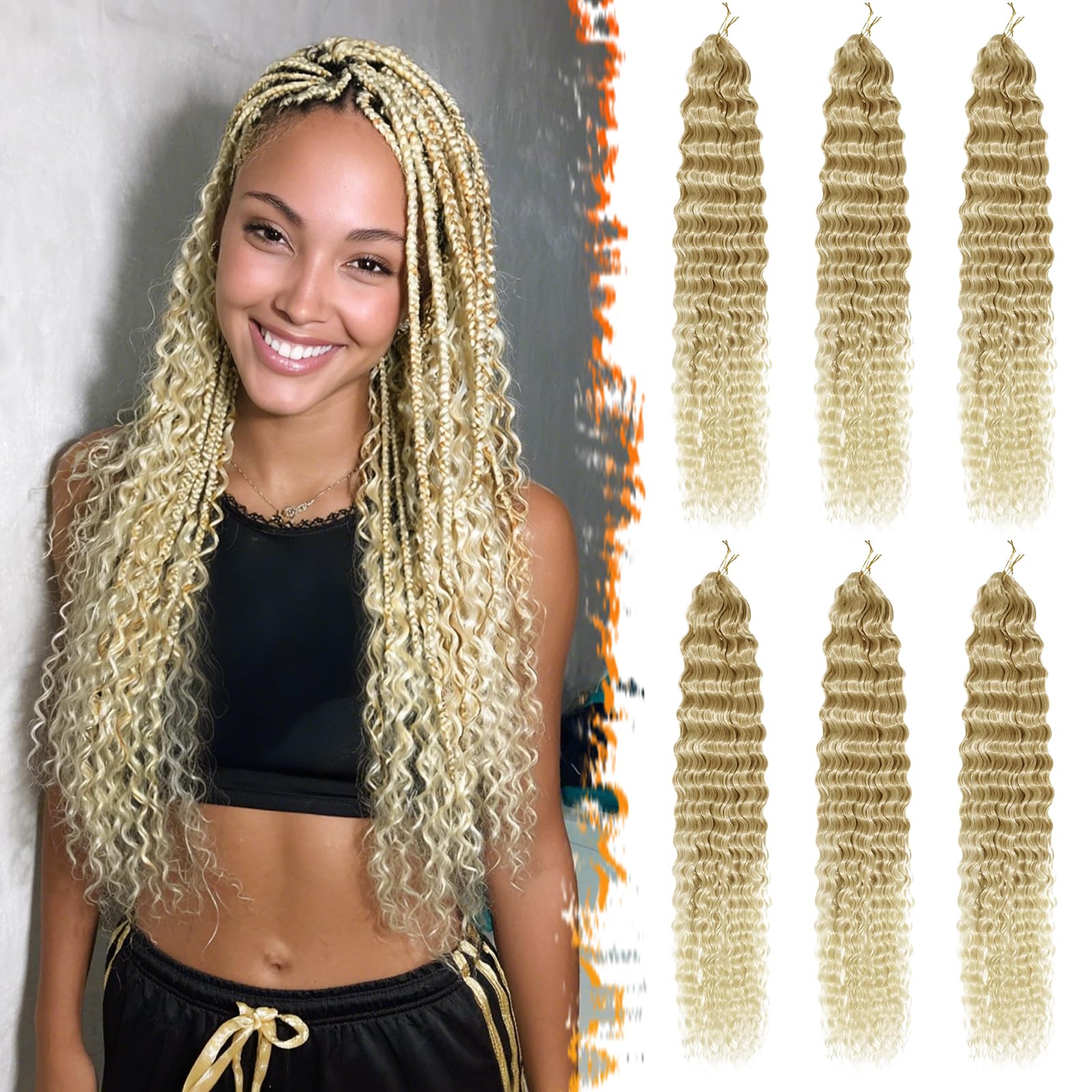 BARSDAR Ocean Wave Crochet Braiding Haare, 55cm 6 Packs Deep Wave GoGo Curl Crochet Hair für Damen Synthetik Boho Braids Water Wellig Lange Lockig Braiding Haarverlängerungen - Ombre Blond