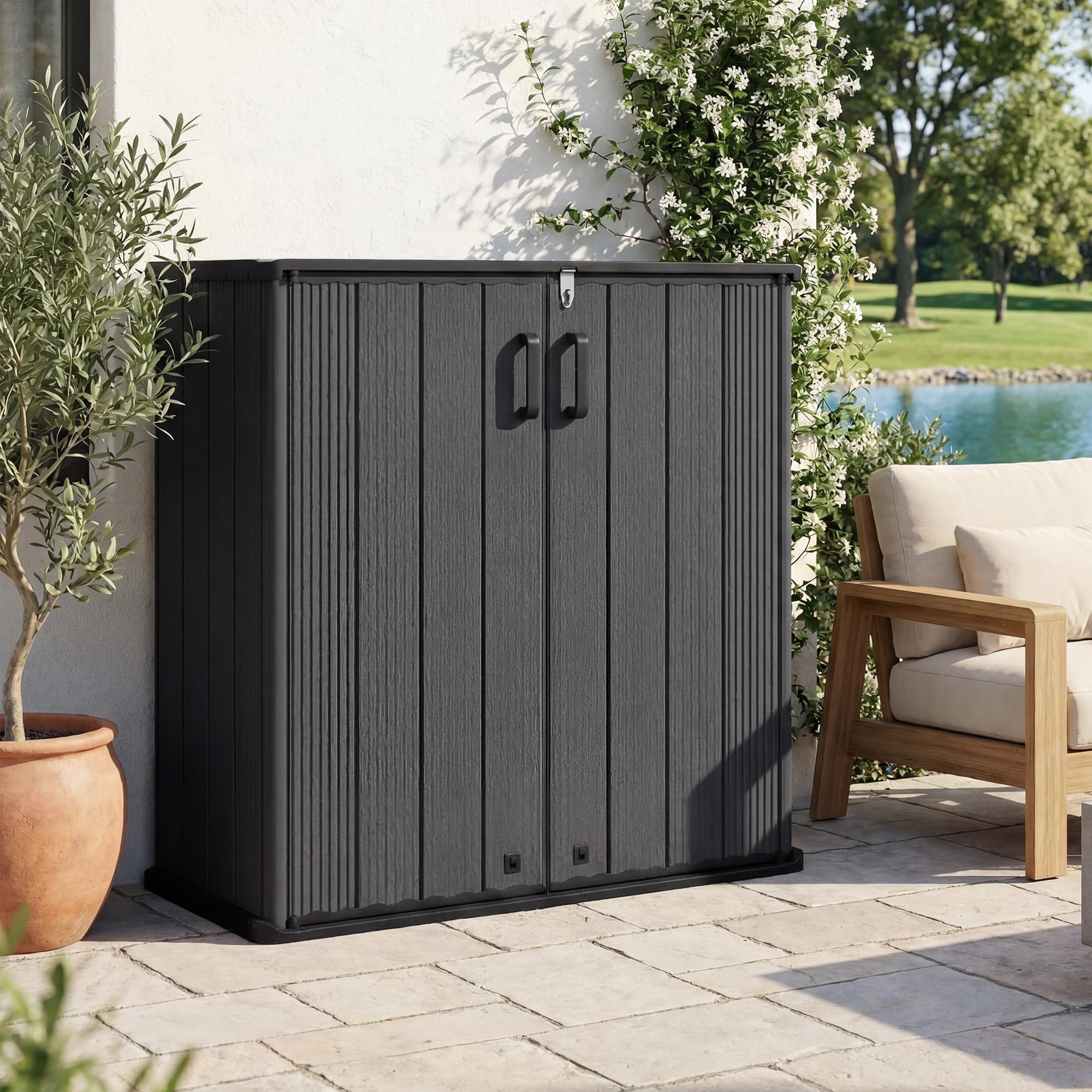 RELAX4LIFE Gartenschrank wetterfest Outdoor 120 x 65 x 117 cm Geräteschrank mit 2 abschließbaren Türen Gartenbox aus Kunststoff Schwarz