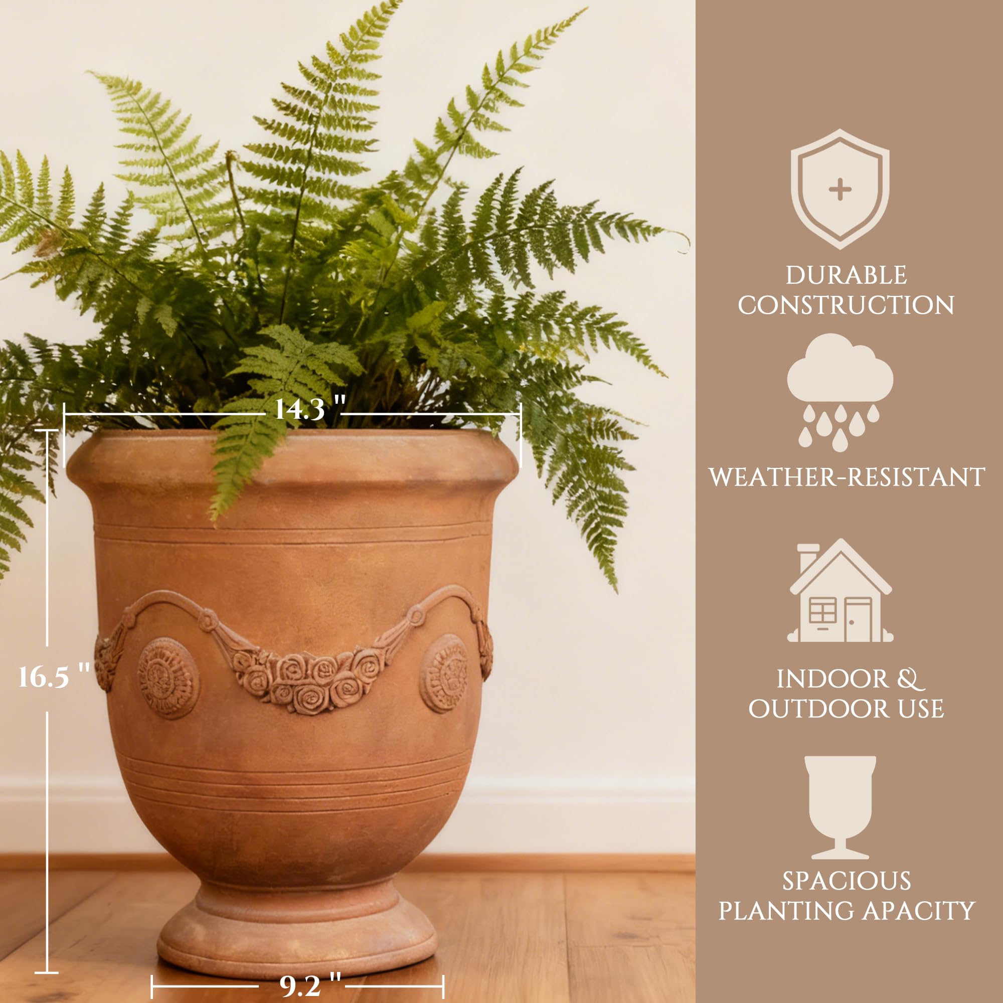 Grand Pot de Fleurs en oxyde de magnésium avec Texture Ciment et Trou de Drainage, 35,6 cm de diamètre x 44,5 cm, Rouille
