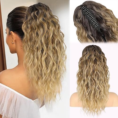 RONTAYA Claw Clip Ponytail, 18 Inch Ombre Brown Mix Blonde