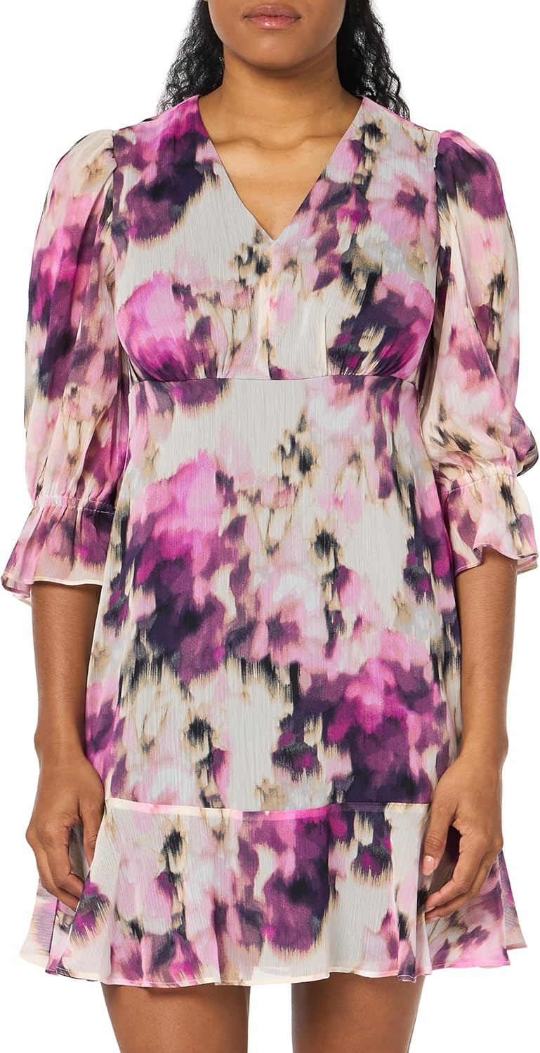 DKNY Womens 3/4 Balloon Sleeve V-Neck Mini Dress