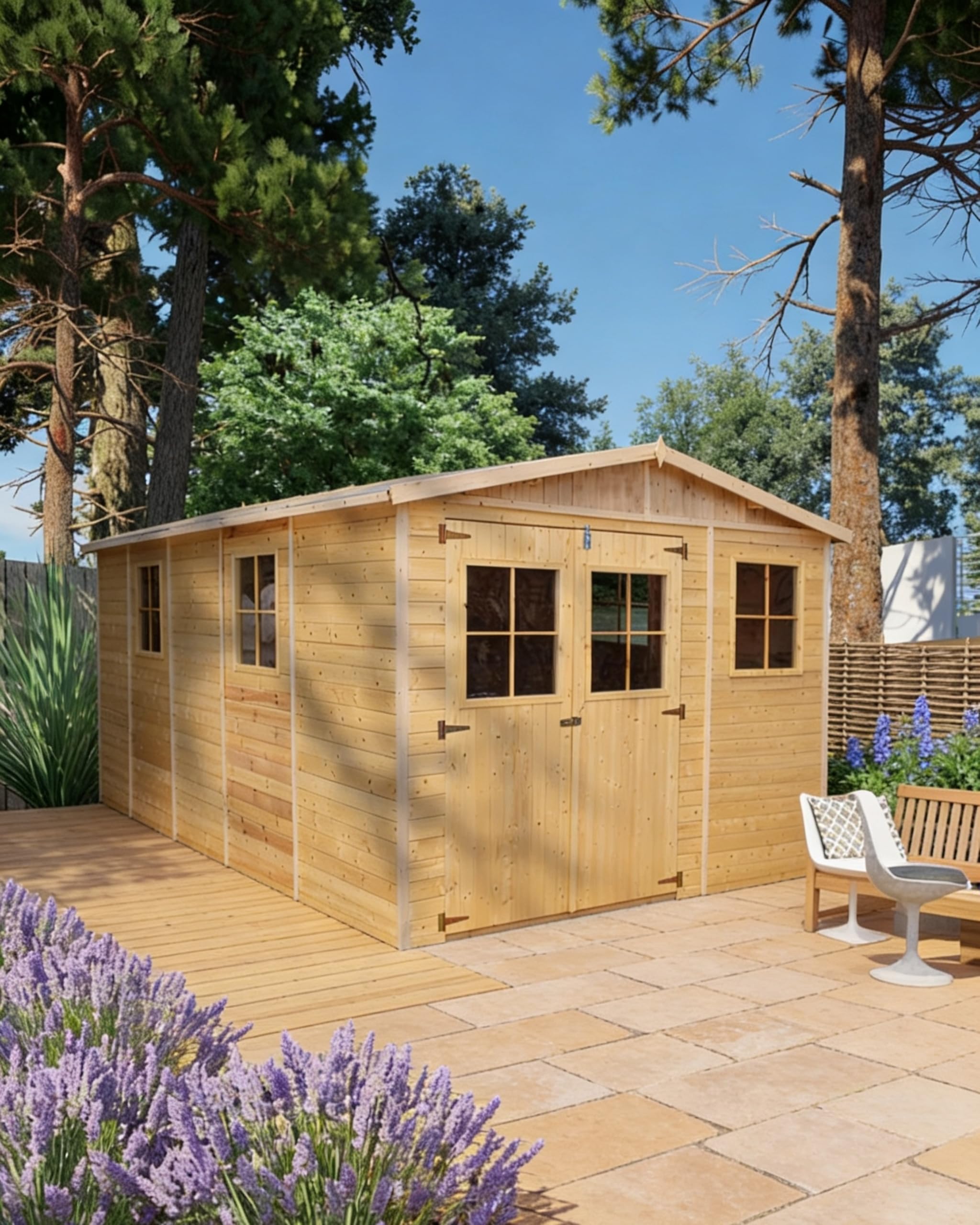 Steiner Shopping Gartenhaus Köln 500x300 cm aus Holz I Vorgefertigtes Elementhaus mit Satteldach & Dachpappe I Großer Geräteschuppen für Gartengeräte & Fahrräder I Robuste Gartenhütte