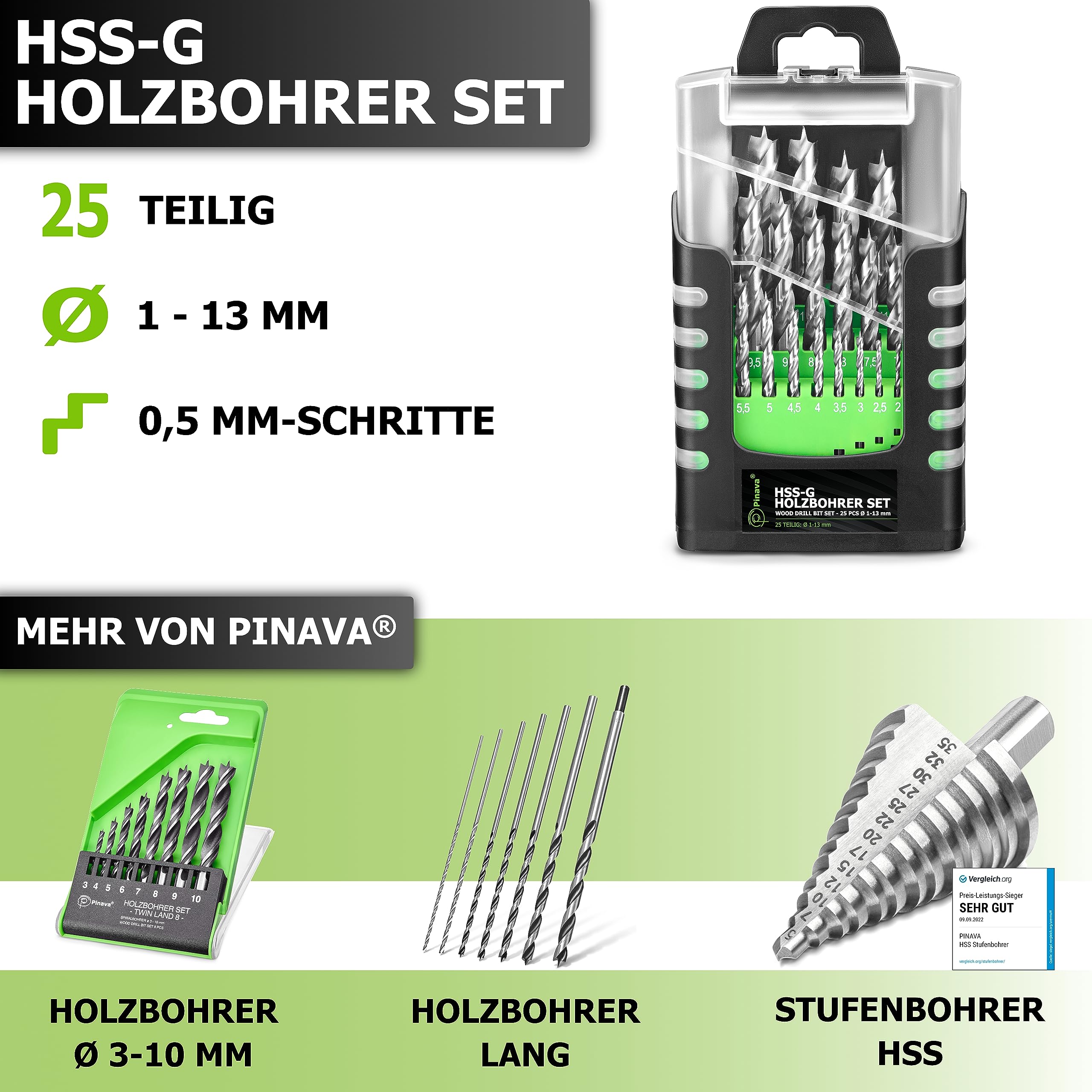 Pinava® Zestaw wiertła do drewna 1-13 mm trwałe ostre i precyzyjne 25-częściowy HSS-G