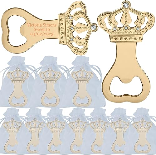12 piezas de corona personalizada abrebotellas para fiesta de baby shower, dulce 16 boda, quinceañera, princesa, 18 cumpleaños (dorado)