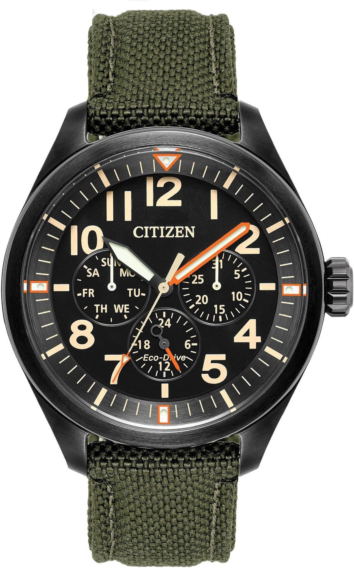 Men's Sport Casual Garrison 3-Hand Eco-Drive Cordura® Strap Watch, Arabic Markers, Black Ion-Plated, 12/24 Hour Time, Luminous Hands and Markers, Field Watch
