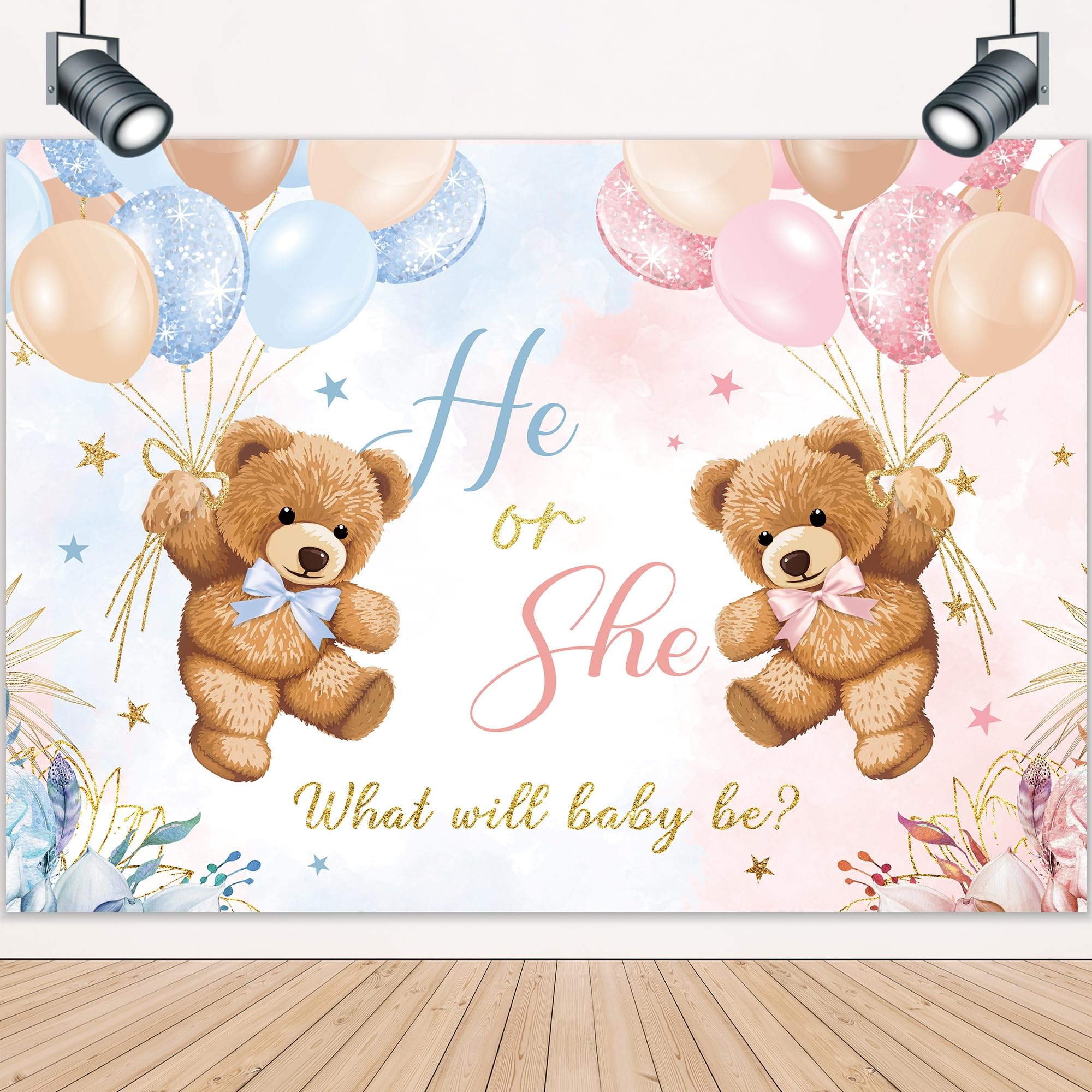 LIGHTINHOME Bear Gender Reveal Backdrop 7Wx5H Feet He or She Pink or Blue Boho Floral Balloons We Can Bearly Wait Baby Shower Mom-to-be Photography