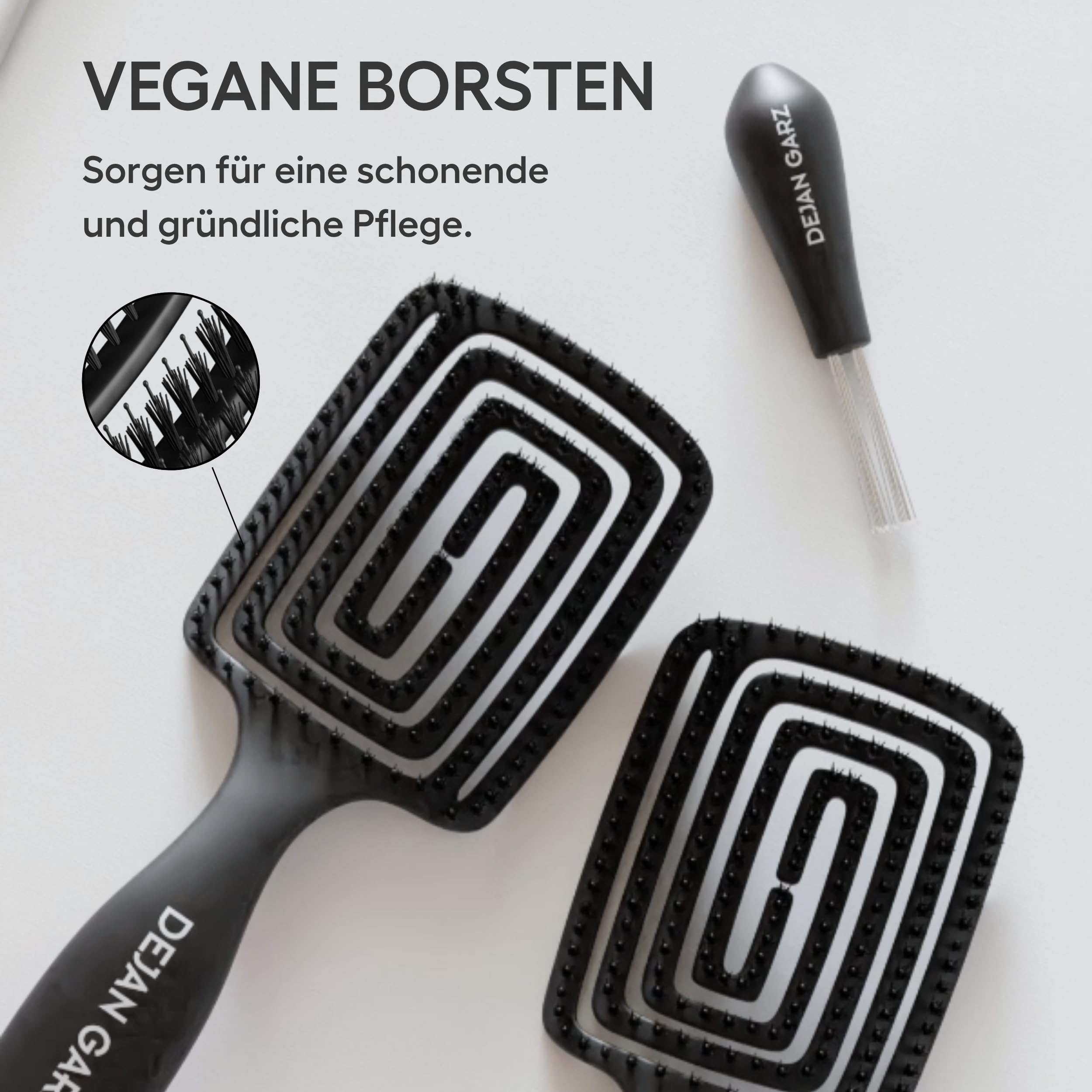 Dejan Garz Bürste mit veganen Borsten Schwarz (1 Stk) – Haarbürste ohne Ziepen für alle Haartypen – Kopfhautschonend – Hair Brush für Glanz & Geschmeidigkeit inkl. Reinigungsbürste - 5