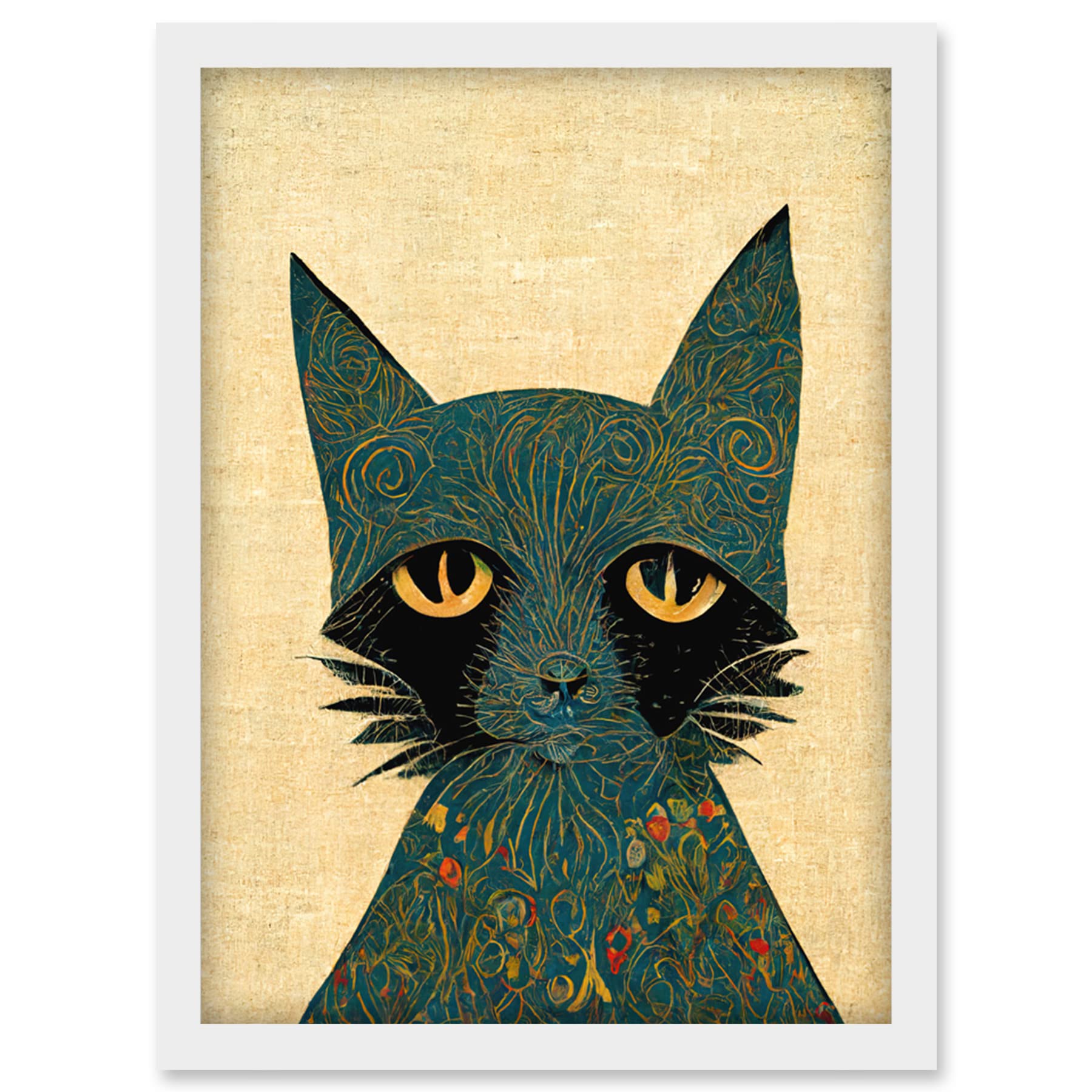 Doppelganger33 LTD William Morris Style Floral Blue Cat Artwork Framed Wall Art Print A4