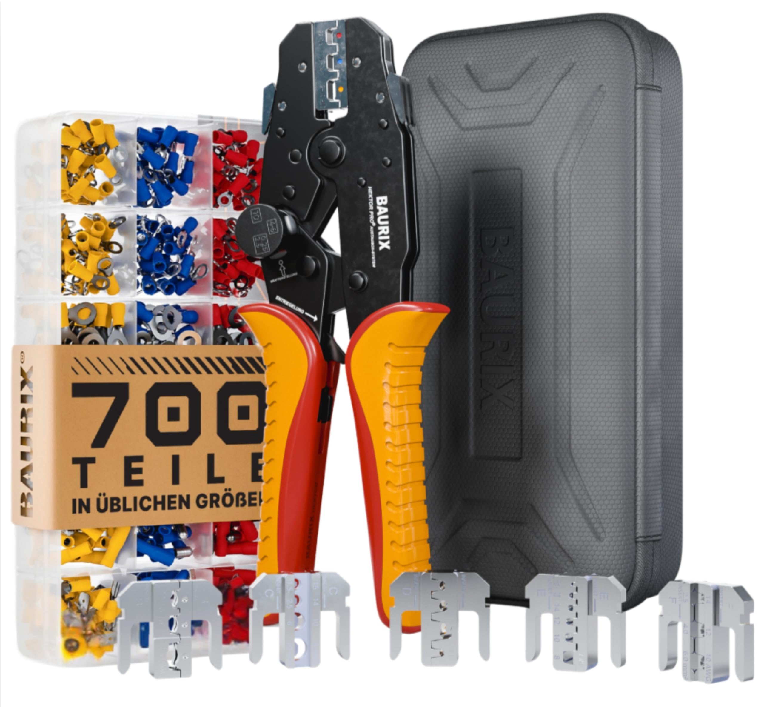 BAURIX® Crimpzangen mit 6 Wechselbacken und Kabelschuhe Sortiment 700 Stück – Elektriker Werkzeug für Kabelschuhe, Aderendhülsen & Steckverbinder – für Auto, Haushalt & Elektroinstallation