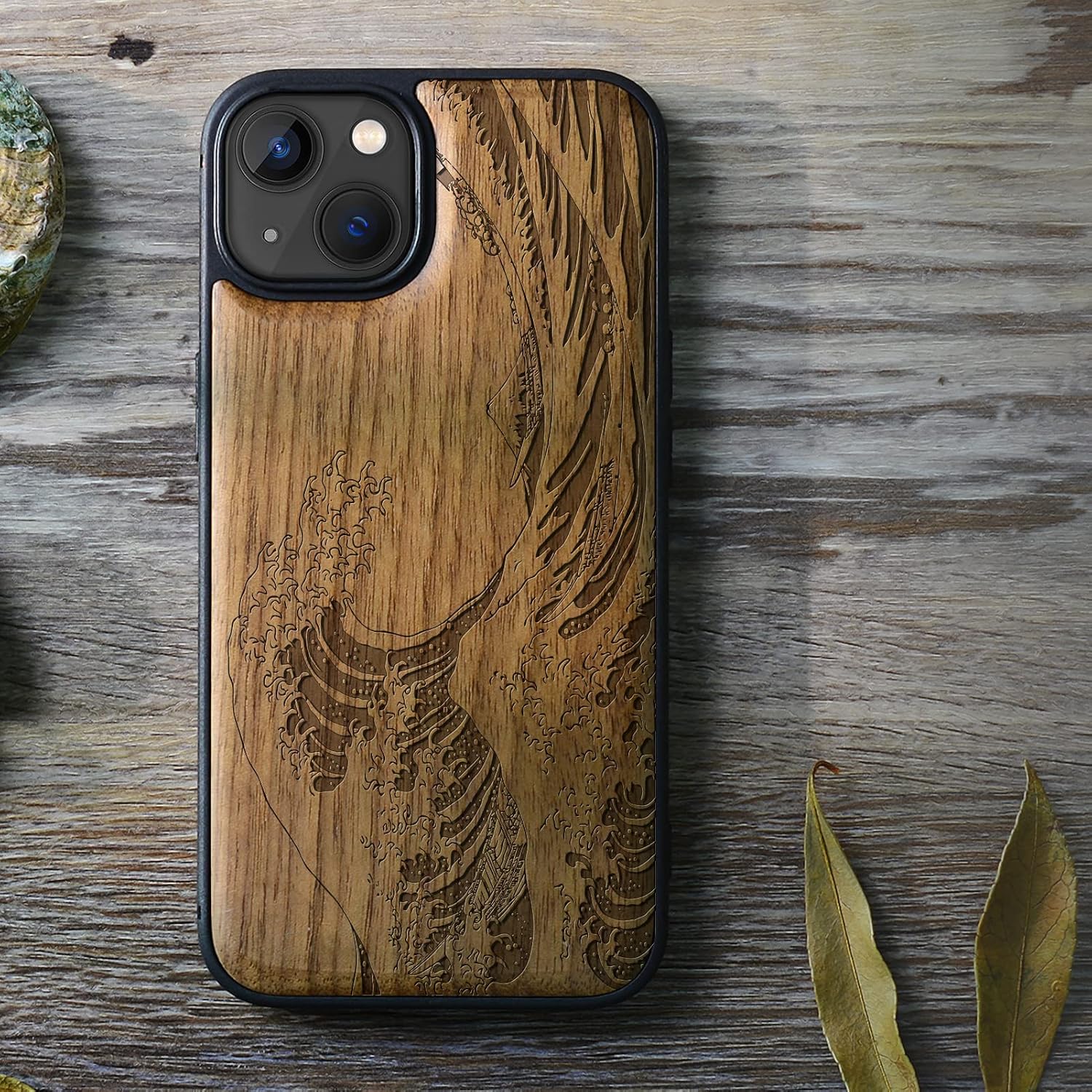 Carveit Magnetic Wood Case for iPhone 13 Case [Natural Wood & Soft TPU] Unique & Classy Wooden Shockproof Protective Cover Compatible with MagSafe (The Great Wave Off Kanagawa -Walnut)