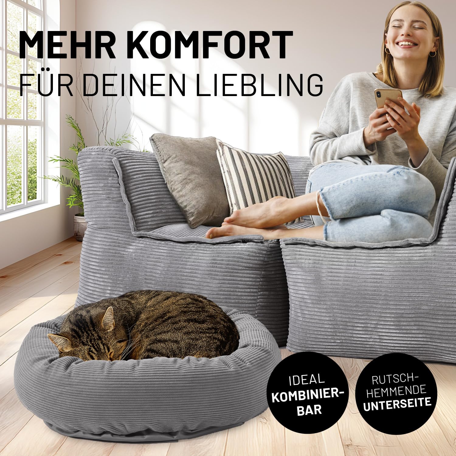Lumaland Komfort Katzenbett Cord, Ø 60 cm | Katzenhöhle Rutschfester Boden | Katzen Zubehör mit Softer Füllung & Cord-Bezug – alle Teile waschbar | Katzenkorb mit Reißverschluss und 15 cm hohem Rand