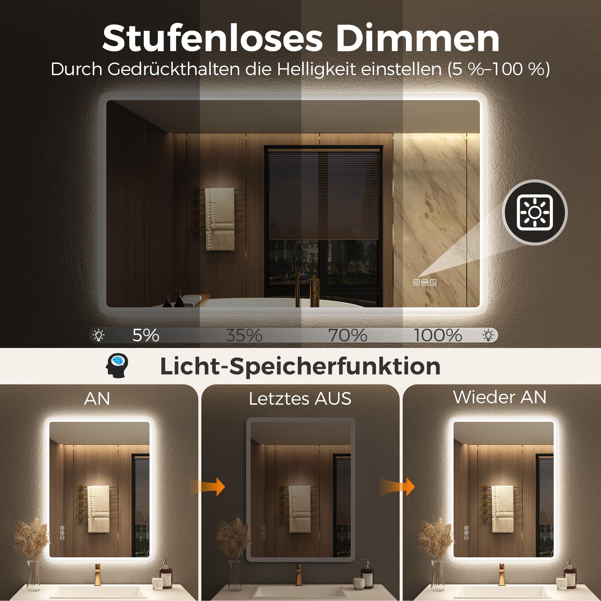 STARLEAD Bluetooth Badezimmerspiegel-mit-Beleuchtung 80x60cm, Dimmbar, 3 Lichtfarben, LED-Spiegel-Bad mit Entfoggen, Speicherfunktion, IP44 Hartglas Bad-Spiegel-mit-Licht, Horizontal/Vertikal