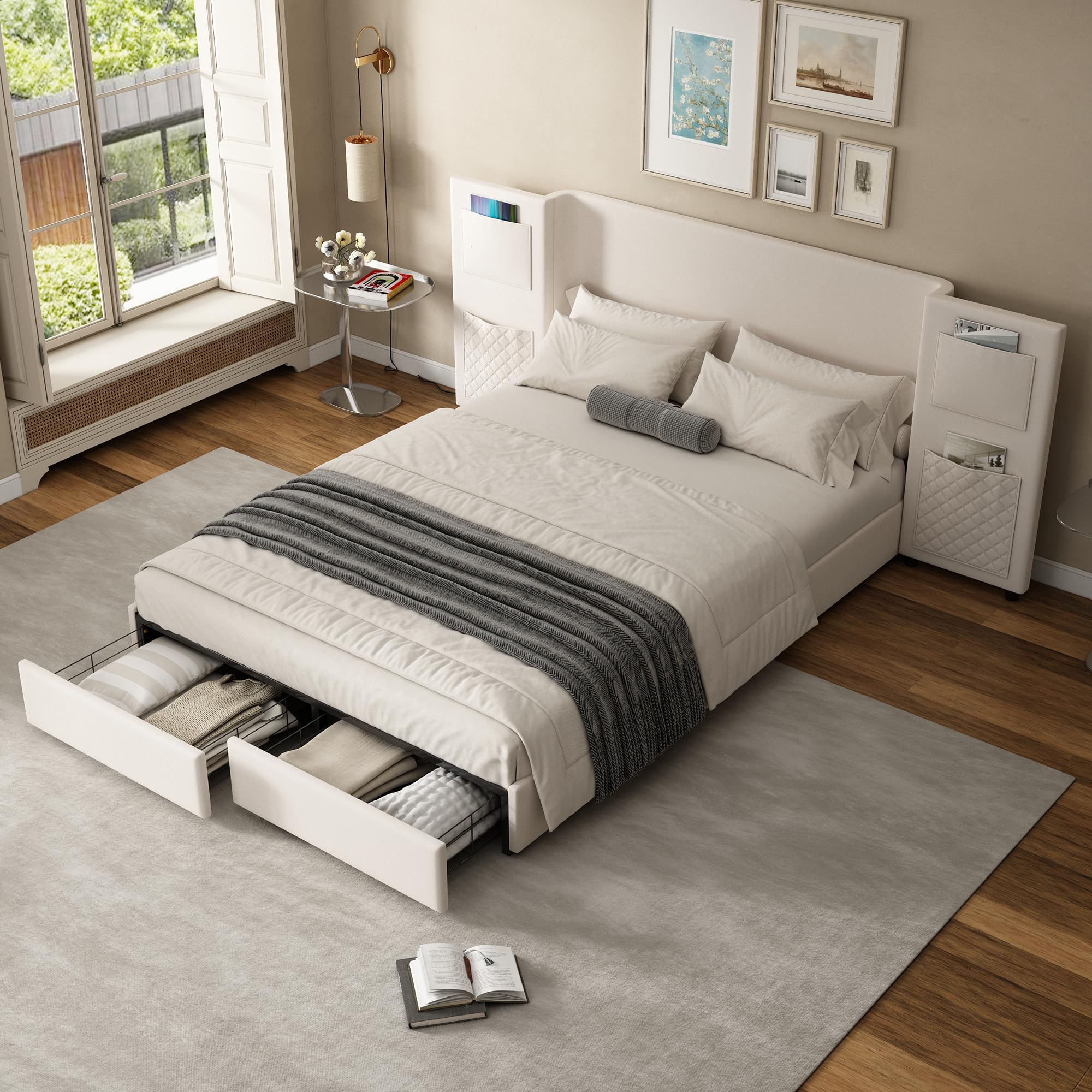 Merax Double bed frame, 4ft6 double Upholstered Bed with 2 Storage Drawers, headboard with 4 storage pockets, Velvet+Plywood,Beige,135×190cm — image 1