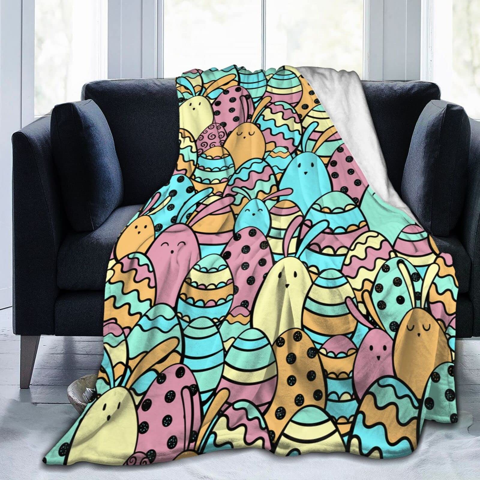 Lsjuee Cute Bunnies and Easter Eggs Throw Blanket Soft Cozy Lightweight Blankets Easter Gift Flannel Blanket for Sofa Couch Bed Office Holiday Decorative 80"X60"
