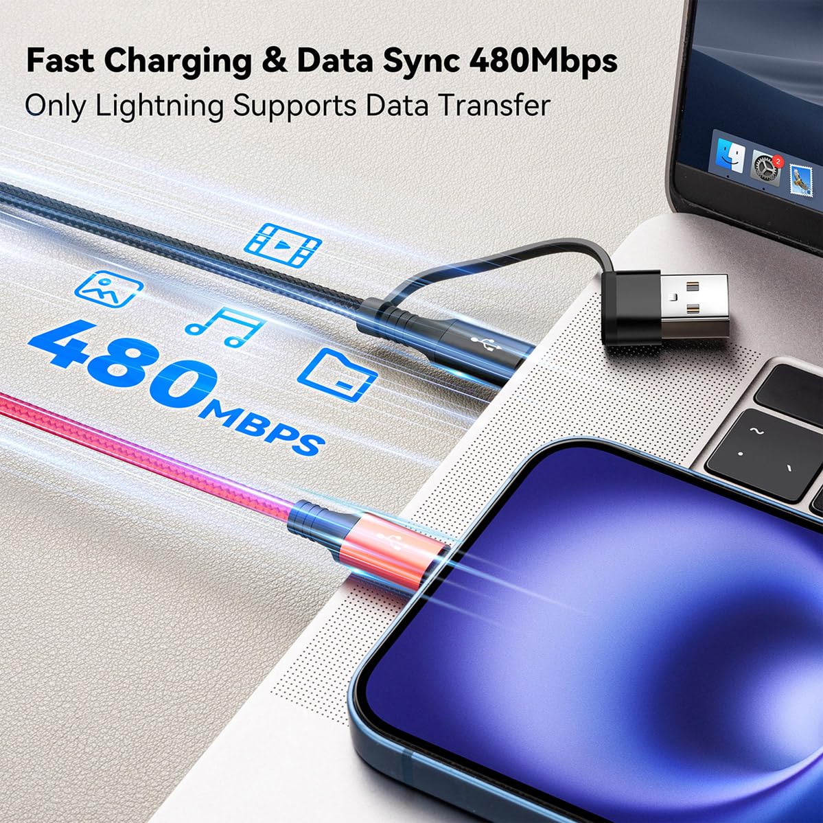 Minlu 4 in 2 Multi Cavo di Ricarica, Cavo USB Multiplo con Trasferimento Dati[3,5A 1,2M] Cavo di Ricarica Multiplo Nylon Intrecciato,USB A/C a Lightning/Tipo C/Micro per iPhone/Galaxy/Android/Tablet
