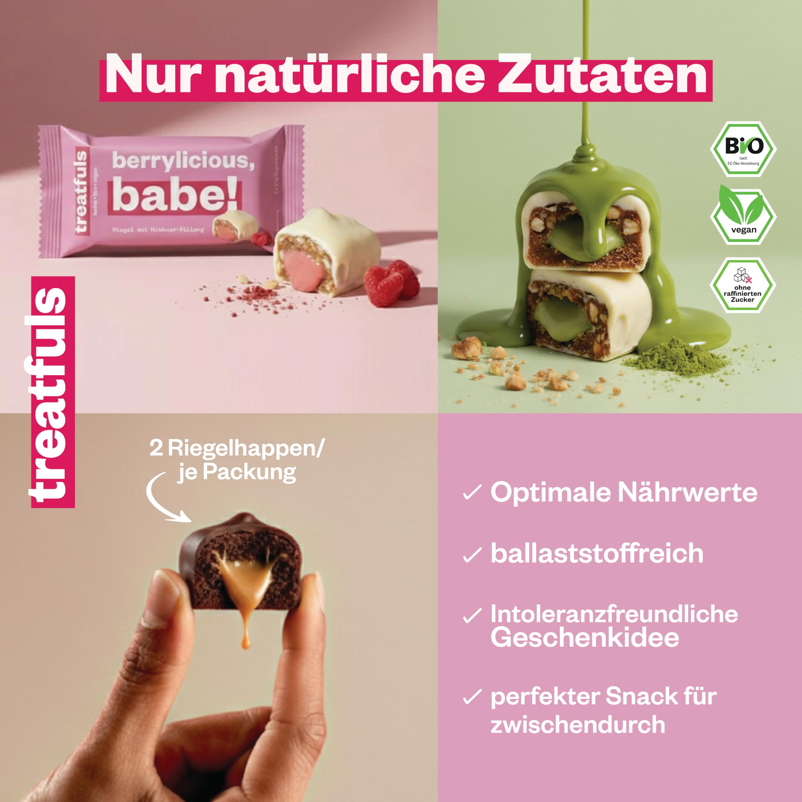 Vegane Schokoriegel mit Füllung Matcha Chai Latte Brownie Himbeere-Macadamia