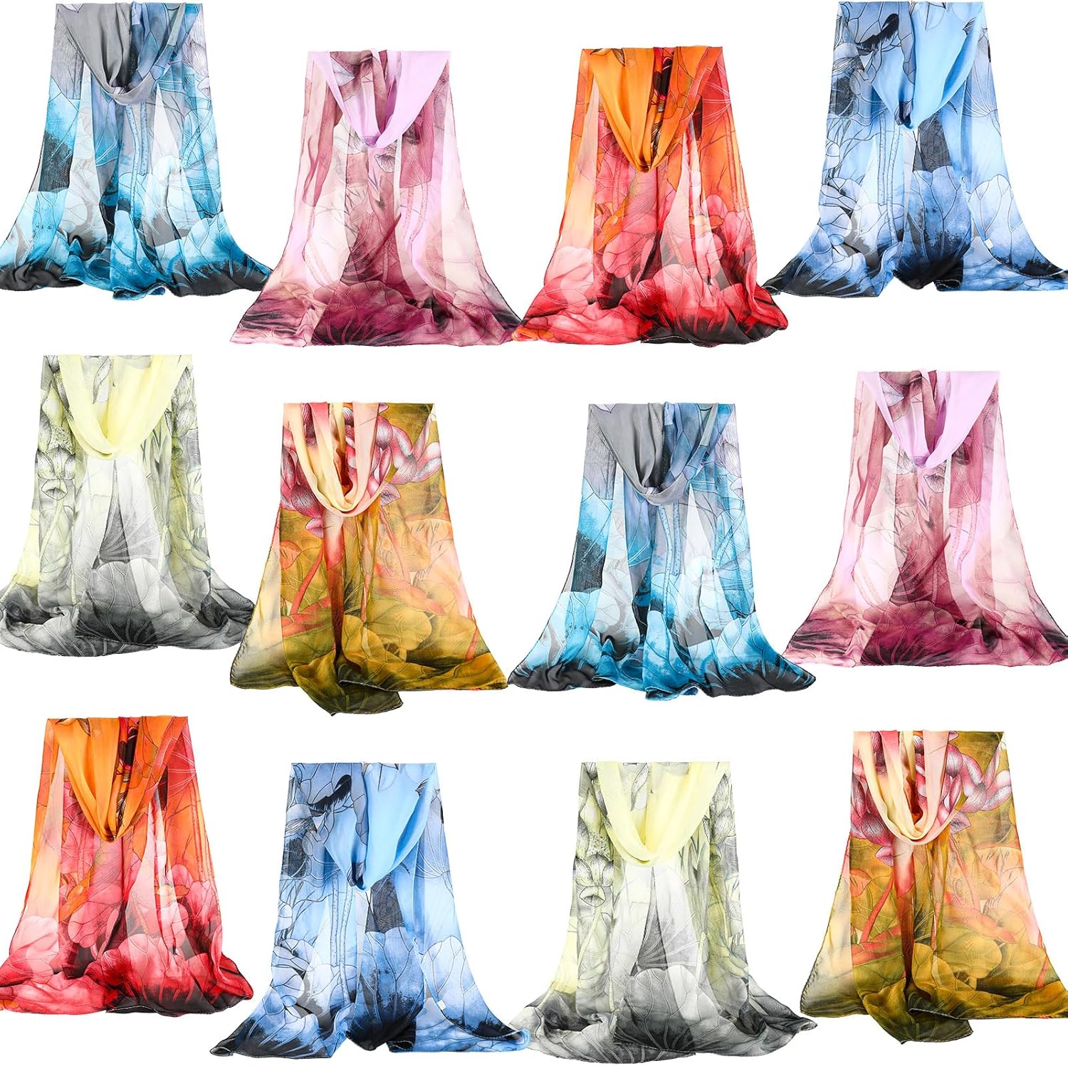 Xtinmee 12 Pcs Scarfs for Women Lightweight Print Floral Pattern Scarf Fashion Silk Scarves Long Chiffon Shawl Christmas Party Gifts, 6 Styles - Image 8