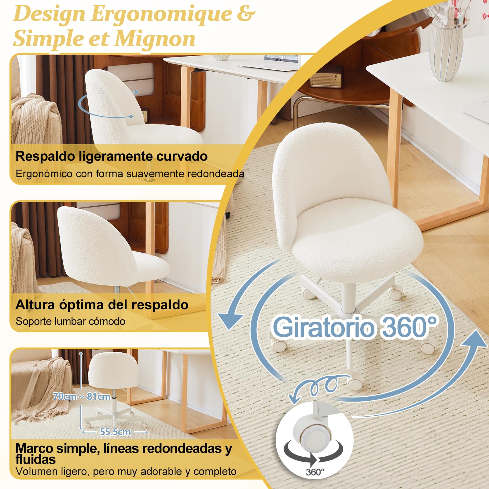 Silla de Escritorio, Silla Tocador, Oficina y Tocador, con Ruedas, Altura Regulable, Silla Compacta para Estudio, Dormitorio, Oficina en Casa, Tejido Teddy (Blanco)