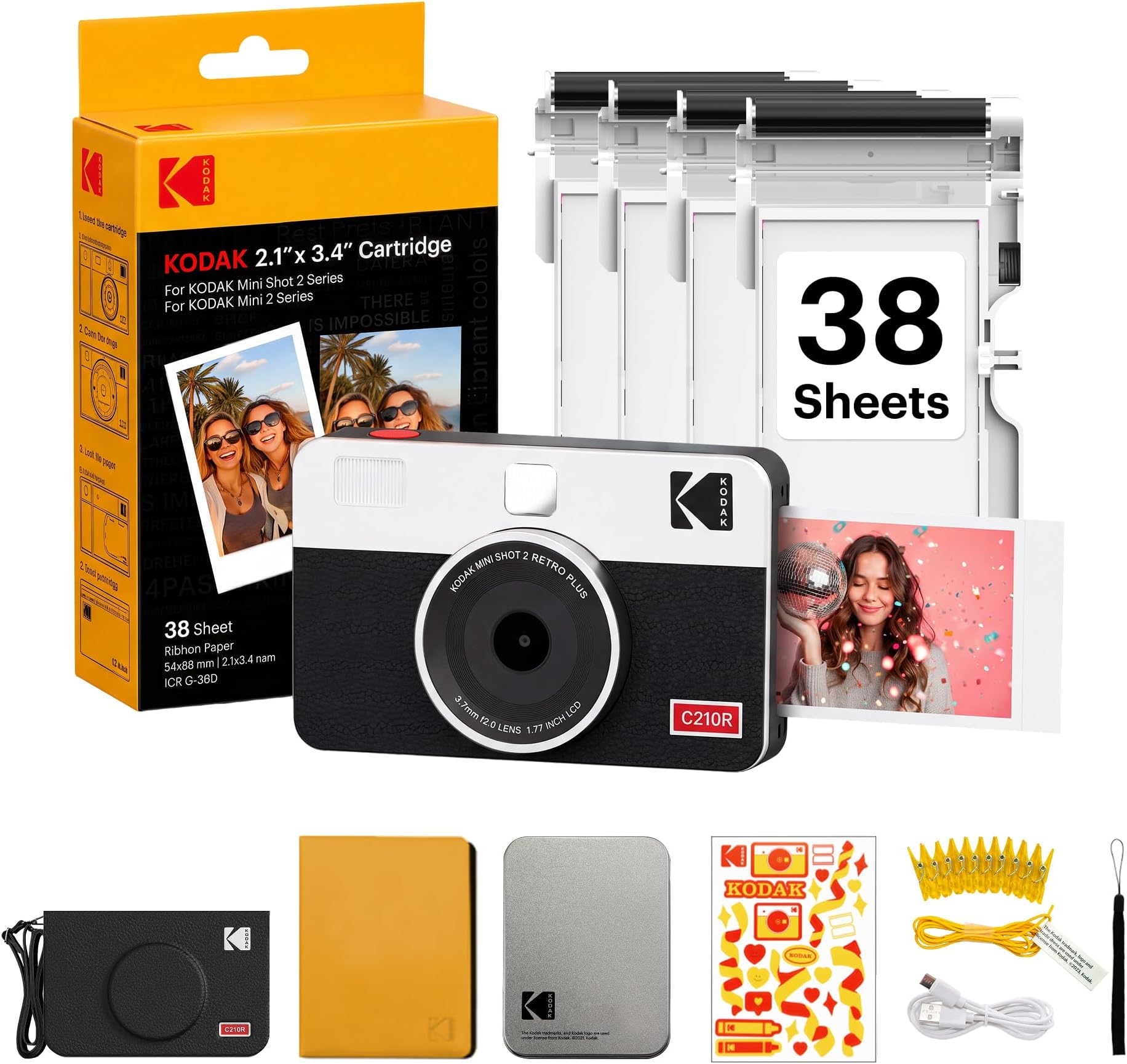 Mini Shot 2 Retro 2x3โ Instant Digital Camera & Photo Printer, 38 Sheets Gift Bundle, 2-in-1 Portable Print Camera, Bluetooth Smartphone Printer for iOS & Android, 4PASS Dye Sublimation, White
