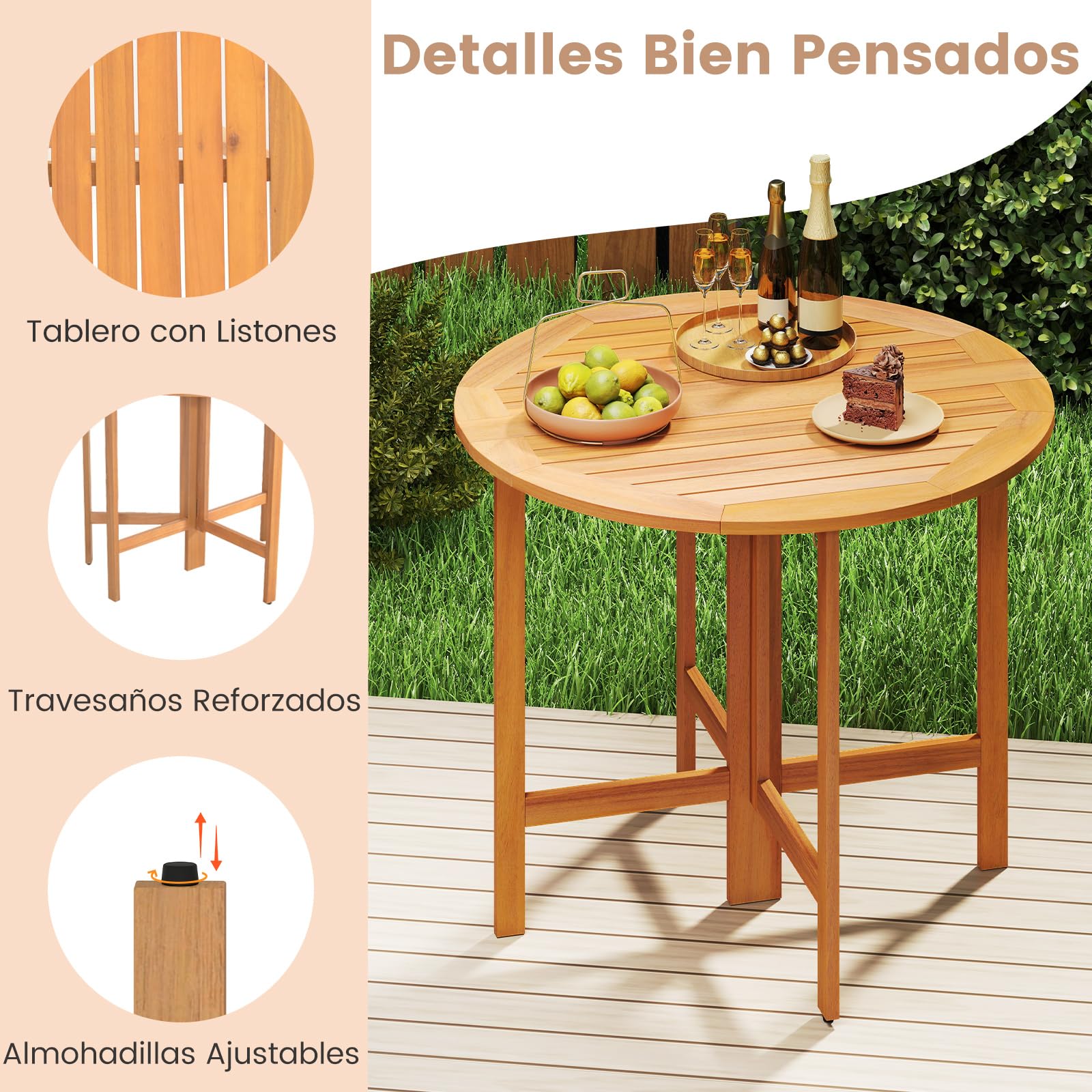 COSTWAY Mesa Plegable Jardín de Madera Acacia, 90 x 75 cm, Mesa Redonda de Comedor, Tablero de Listones, Jardín Porche Terraza Balcón Exterior Interior, Sin Montaje