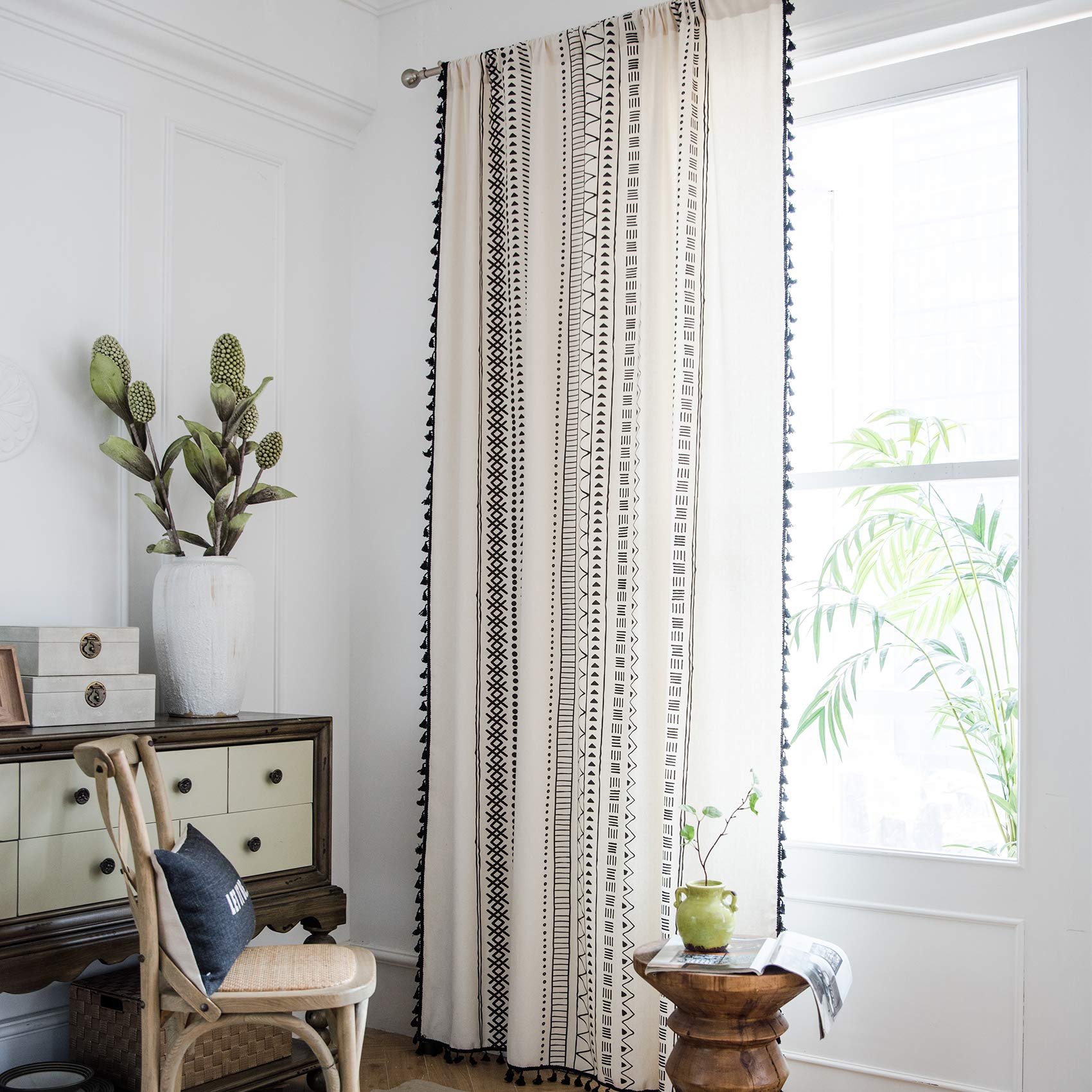 Hughapy Boho Curtains for Bedroom Bohemian Geometric Tassel Curtains Rod Pocket Cotton Linen Farmhouse Country Style Room Darkening Curtain Panel for Living Room, 1 Panel (59W x 79L, Cream)