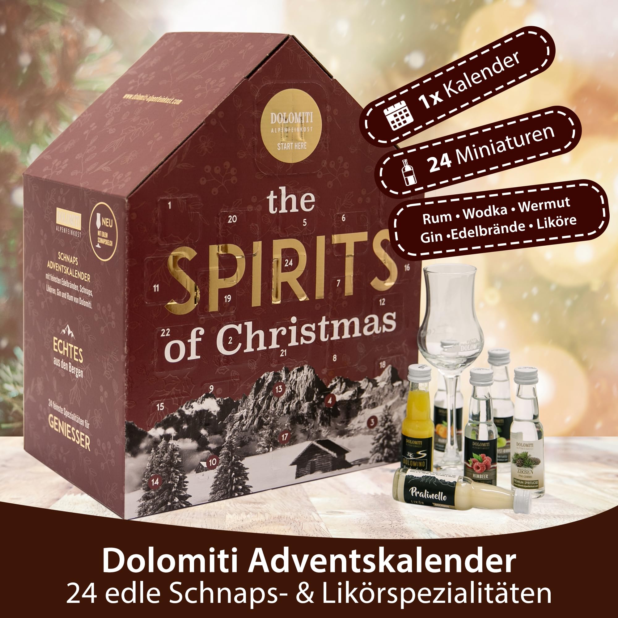 Schnaps- und Likör Adventskalender 2025 von Dolomiti - Geschenk-Idee für Genießer. Gin, Rum, Wodka und Wermut, Edelbrände, Schnäpse und Liköre. Schnaps Adventkalender in festlichem rot.