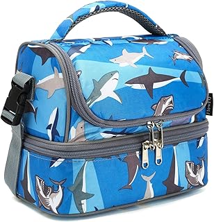 FlowFly Double Decker Cooler Insulated Lunch Bag Kids Lunch Box Large Tote for Boys,Girls,Men,Women, With Adjustable Strap,Shark